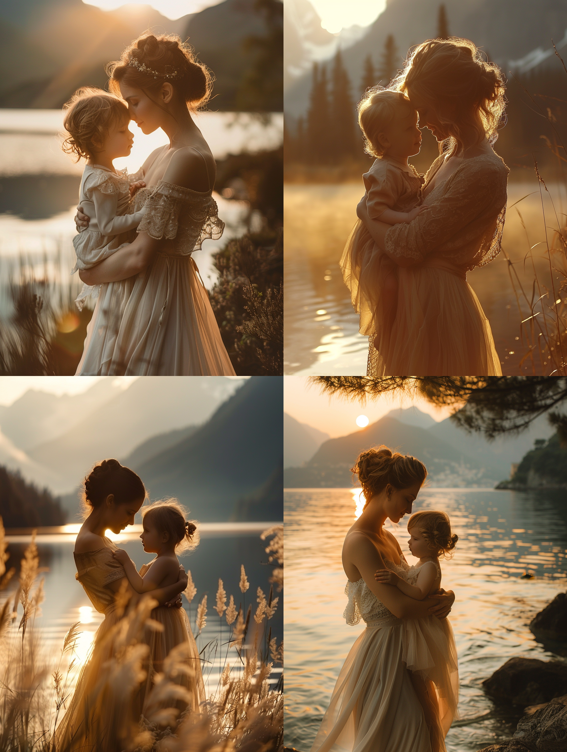 一位母亲紧紧拥抱着她的孩子，他们的身影在黄昏中显得温暖而宁静。整个画面被简约的设计所主导，背景是一片平静的湖泊和山脉。母亲穿着优雅的长裙，微笑着看着她的孩子。影像风格简洁明快，色调柔和，镜头使用标准焦段，光线柔和而温暖。温情、亲密、平静、感恩。 简约设计，母亲节，湖泊，山脉，优雅，长裙，微笑，标准焦段，柔和光线，温暖色调，温情，亲密，平静，感恩