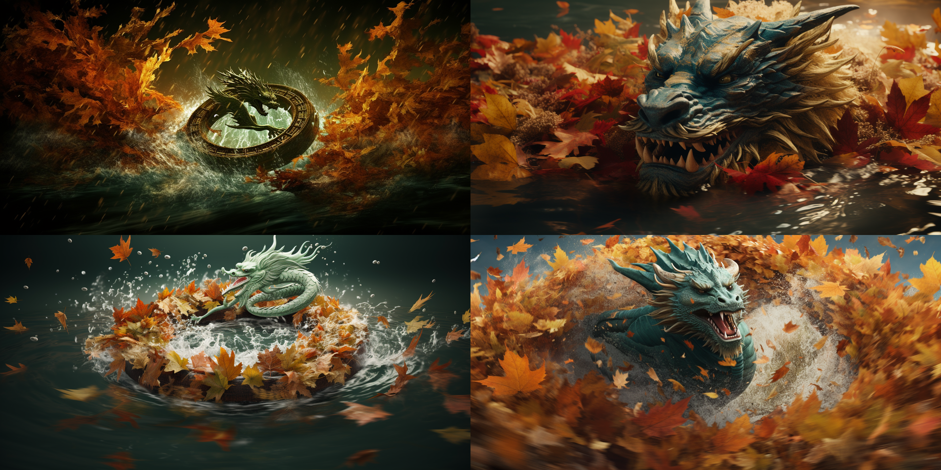 a chinese dragon hovers in the green water, spinning into a circle, with a large number of water splashes, fallen leaves, hayao miyazaki, eastern artistic conception, 8k, ultra hd, best quality