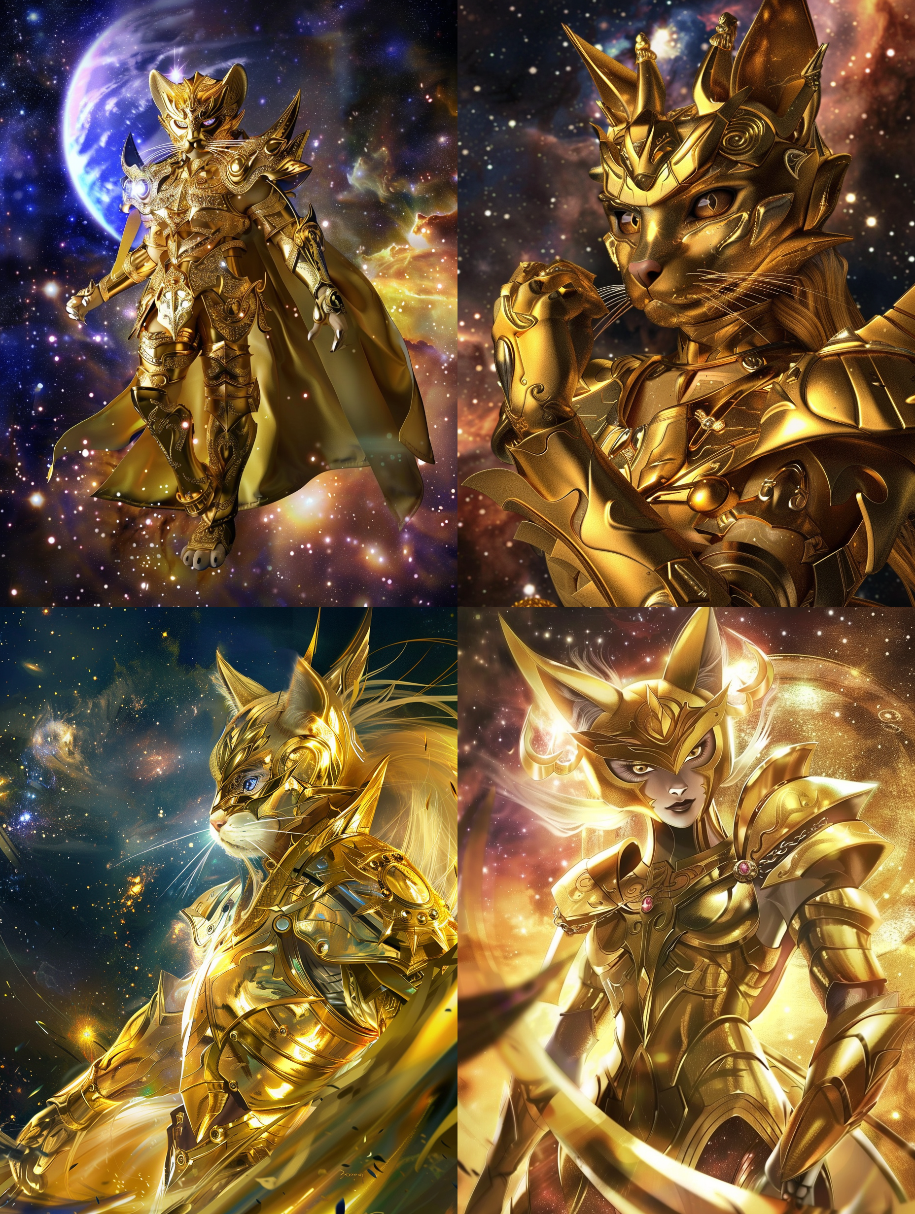 一种猫科动物，穿着华丽的金色盔甲，让人联想到圣斗士星矢，精致的装饰在环境光线下闪闪发光。猫科动物的表情沉着而威严，体现了战士的精神。她的眼睛发光，仿佛充满了某种莫名其妙的魔力。在外太空的背景下，她优雅地摆放着，仿佛在守护着宇宙。