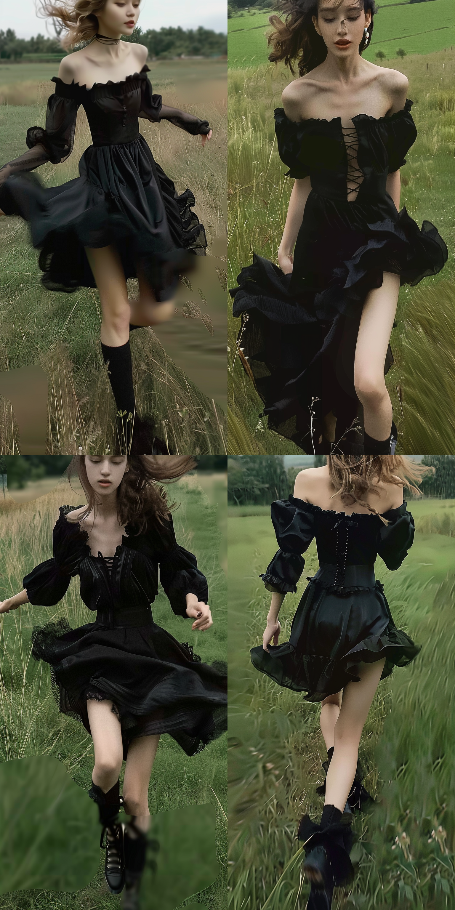 黑裙子，女生，奔跑，正面照，草地