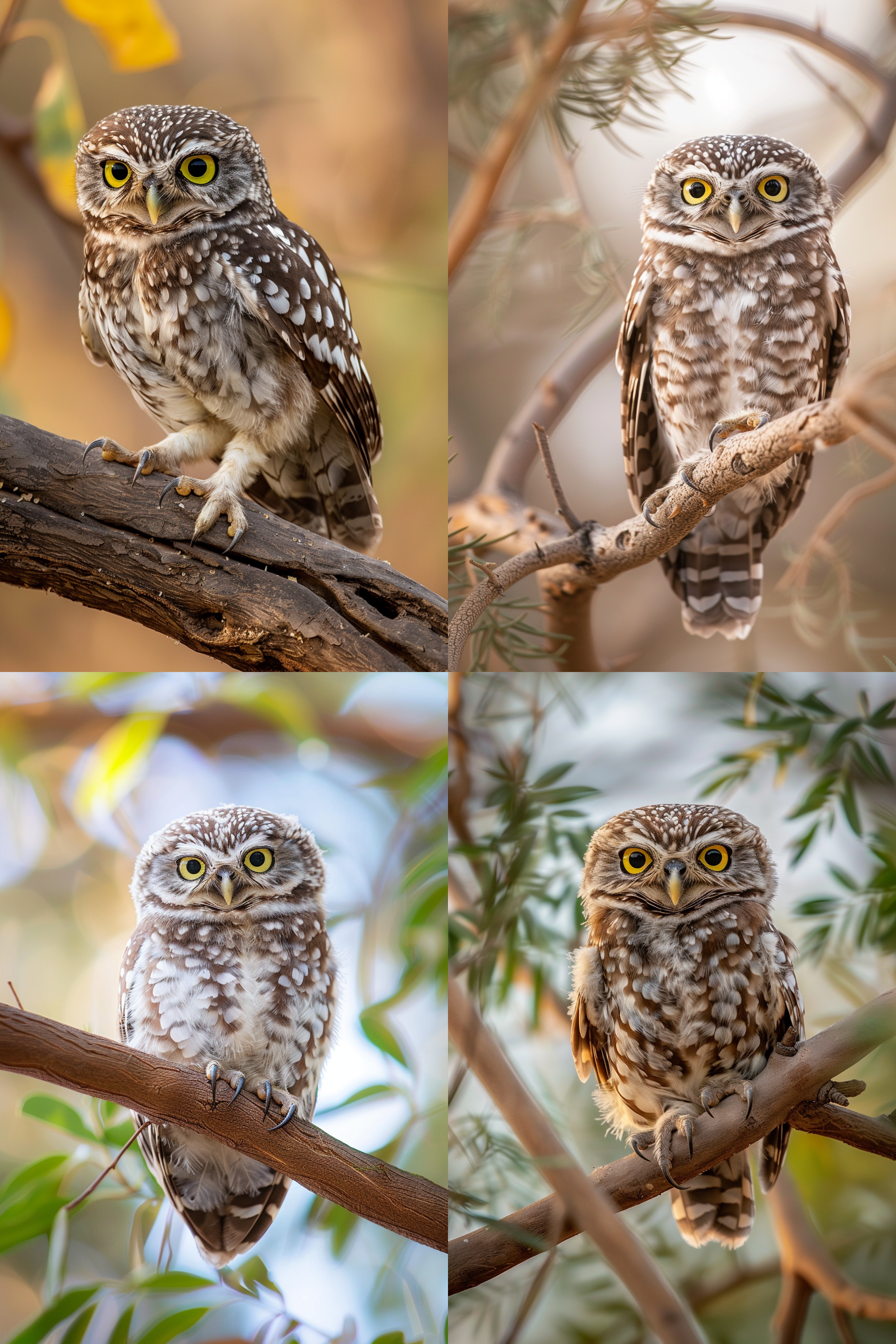 可爱小猫头鹰栖息在金合欢树枝上，写实风格，大黄色眼睛，全身白斑，柔和自然光，canon eos r5 f2 iso拍摄风格，瞳距，细节丰富，暖色调，自然色彩，温馨。