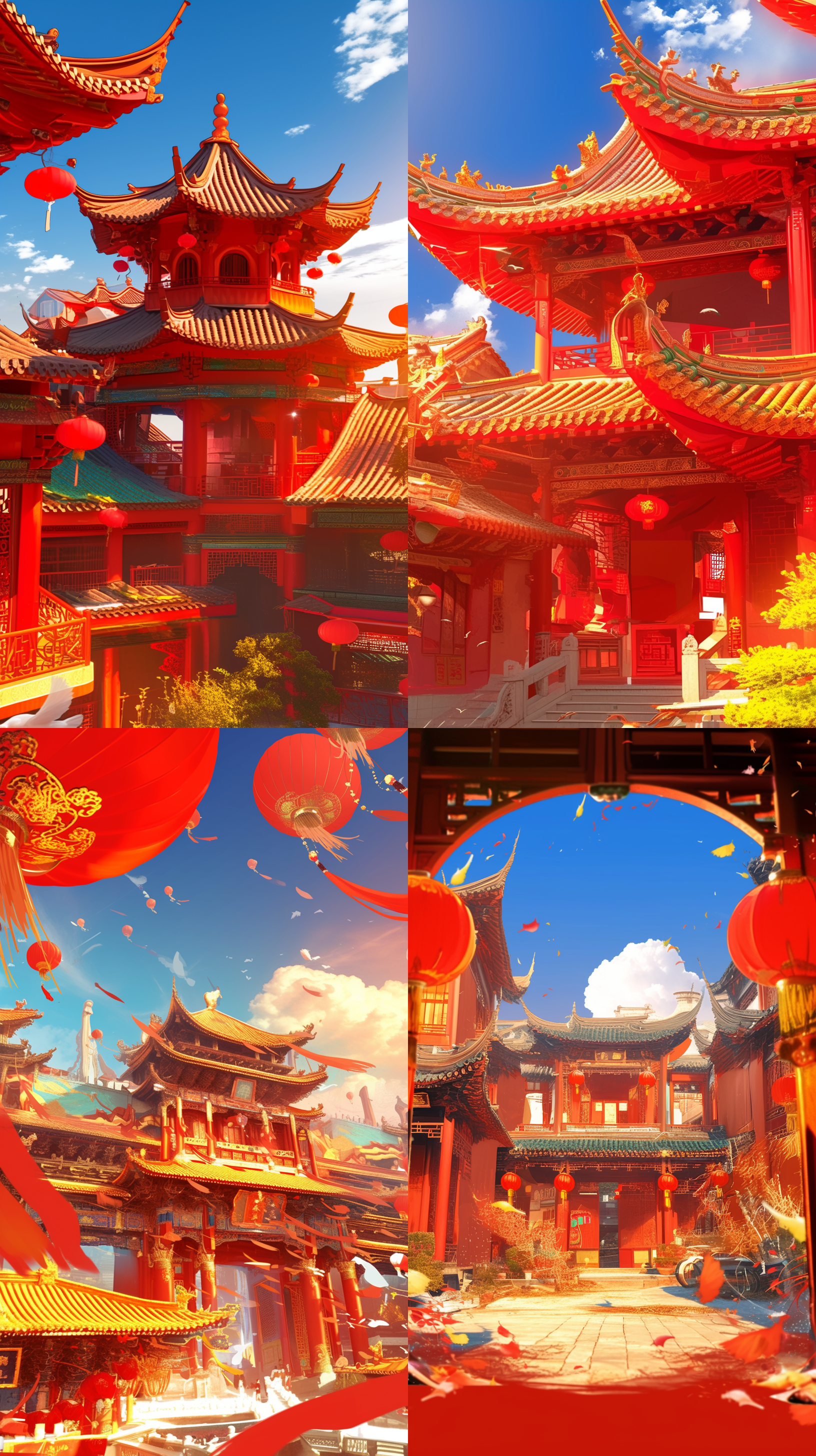 唐风建筑，颜色偏黄，对称构图，古典风格，屋檐上有飞檐，红墙绿瓦，夕阳余晖，长焦镜头，静态，庄严肃穆，历史感。