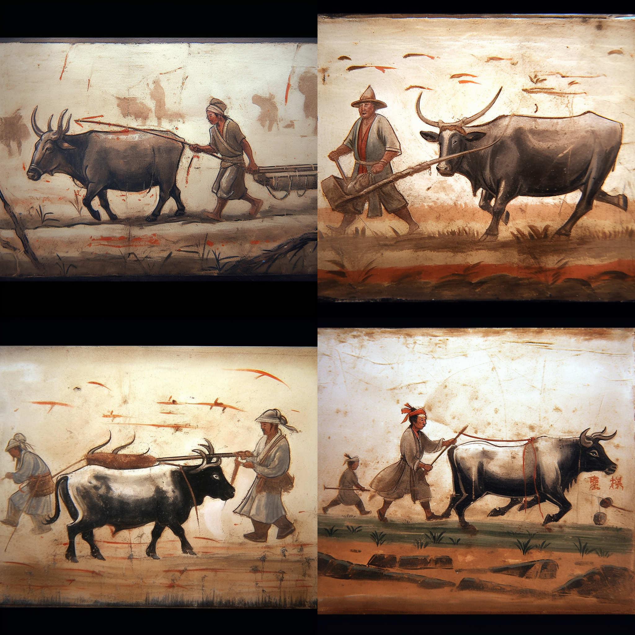 农夫犁地，牛拉犁，对角线构图，明暗对比，油画风格，广角镜头，自然光，农耕动作，古代服饰，原始色调，宁静。 汉服