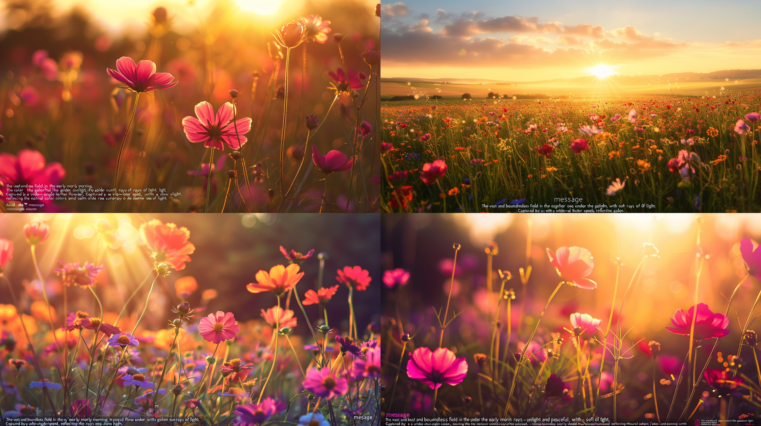 晨曦田野,广阔无垠,宁静祥和,花海缤纷,金色阳光,柔和光线,广角镜头,慢快门,倒影,自然色彩,平静情绪。