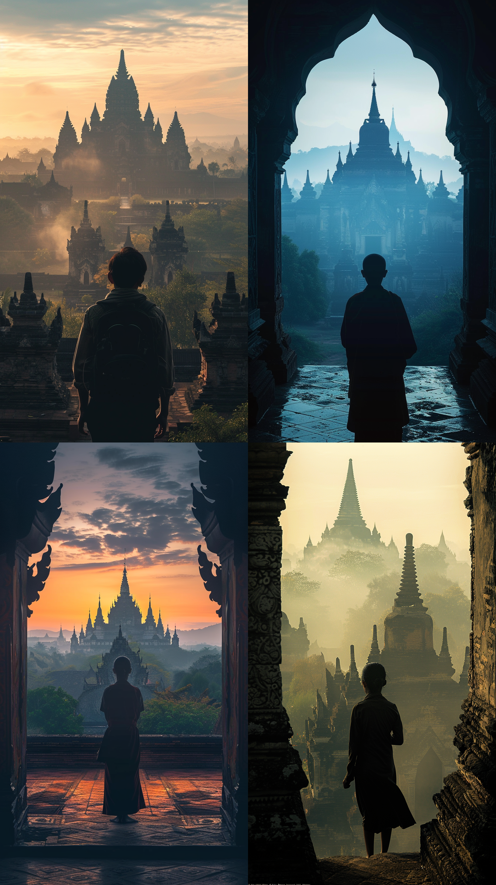 一个现代人的背影，面向古代佛寺，充满时空交错，一虚一实，历史厚重，文化底蕴，磅礴大气，远景