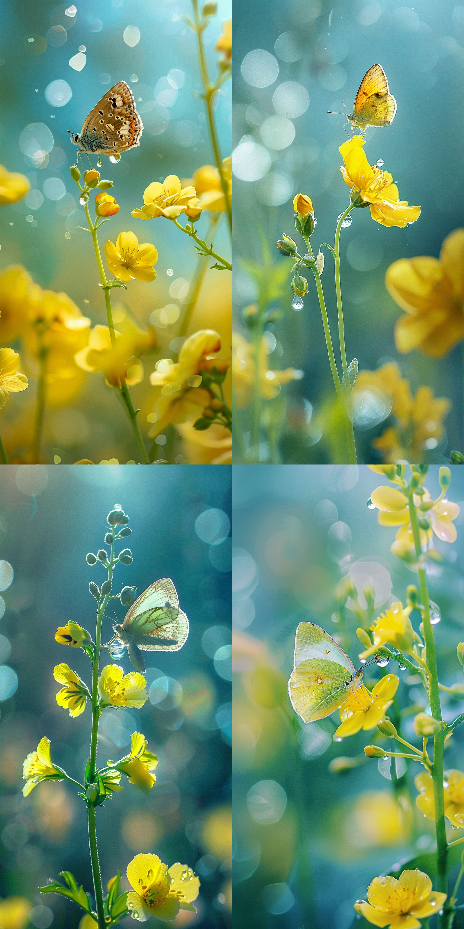 油菜花，一茎一叶一朵花，散发出韵律魅力，一颗明亮透亮的水珠悬挂在花瓣上，一只蝴蝶在空中优美舞动，明亮的绿黄色花朵点缀在天蓝色背景上，创造出画面完美的动态构图、光影交错和和谐的色彩调色板。风景，微距镜头，自然光，舞动，生机。