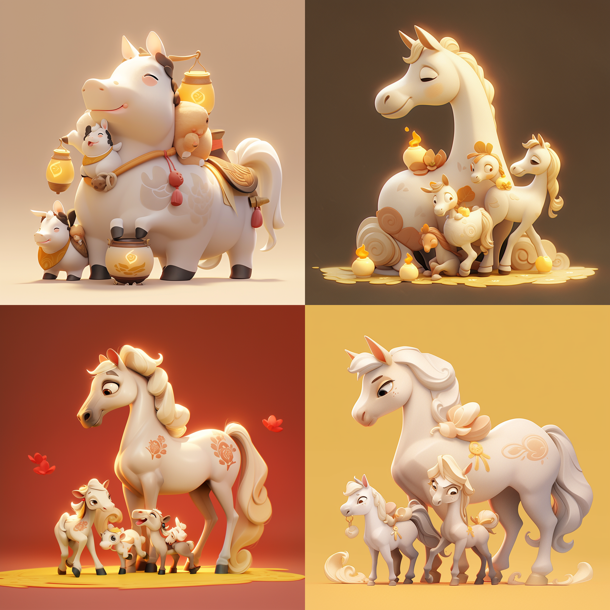 cute little white family horse, yellow background, lantern, auspicious cloud, lucky bag, 3d, clay, cartoon, nintendo, lovely, smooth, luster, red and gold, gradient color, the highest detail, the best quality, perfect quality, super high pixel, hd, 8k