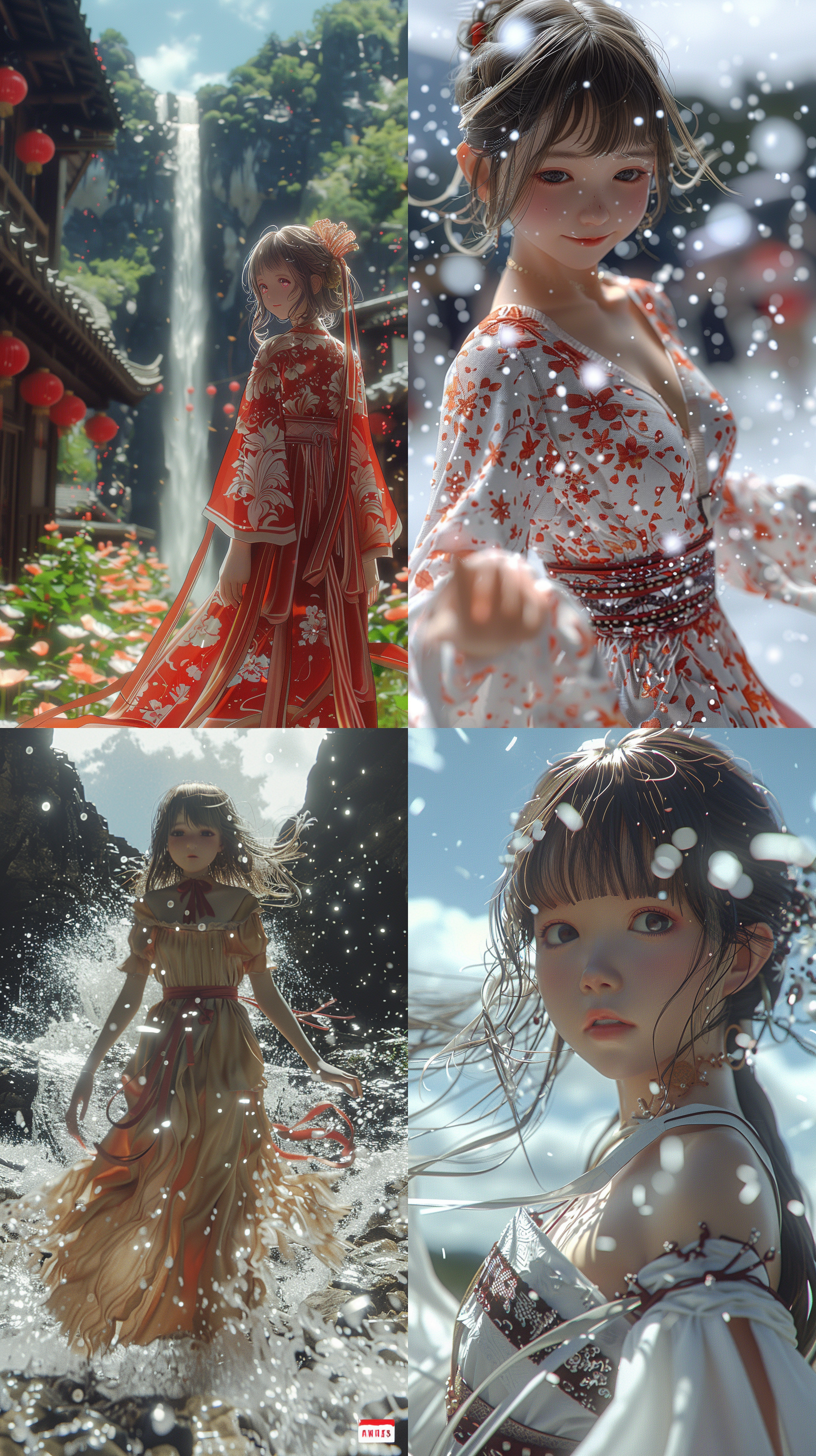 汉服神仙,古风仙女,山间瀑布,优雅舞姿,华丽汉服,细腻刺绣,清澈溪流,逆光拍摄,柔和色调,宁静氛围,宏伟自然,披飘带飞舞,仙气飘飘。