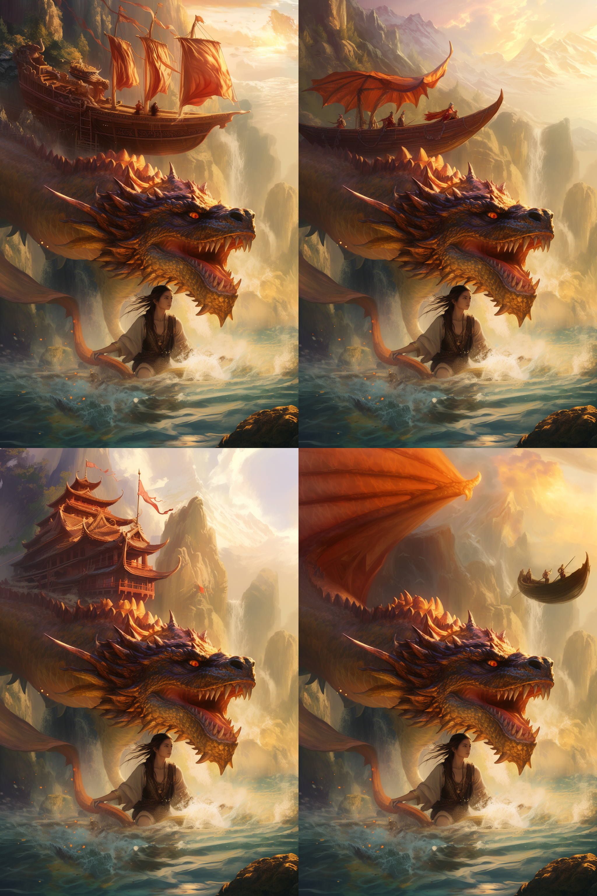 男子骑龙穿越山涧，水潭中游泳女子，古代服饰，沉稳表情，雾气笼罩，极限远景，暖色调，长焦镜头，日落光线，静止动作，幻想色彩，神秘情绪。