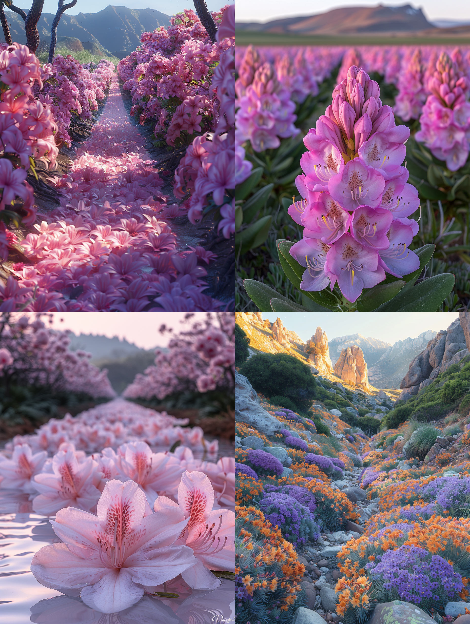 杜鹃花海，广阔山谷，色彩缤纷，对角线构图，日出，自然光，超广角镜头，绚丽色调，自然风光，微风拂过，宁静祥和。