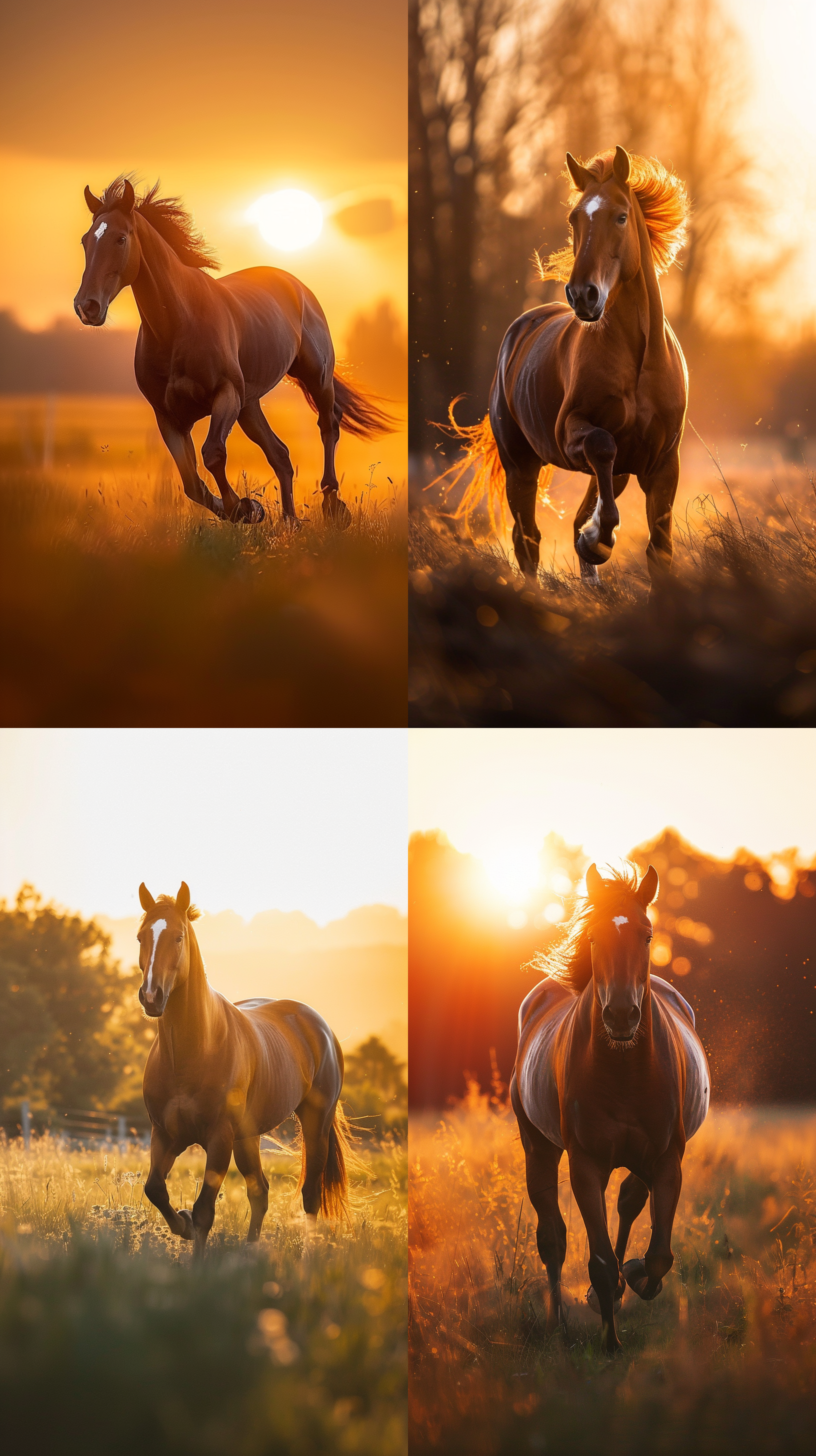 马奔腾，草原上，日落，逆光，长焦镜头，壮观，野生动物，自然色调，自由，力量。