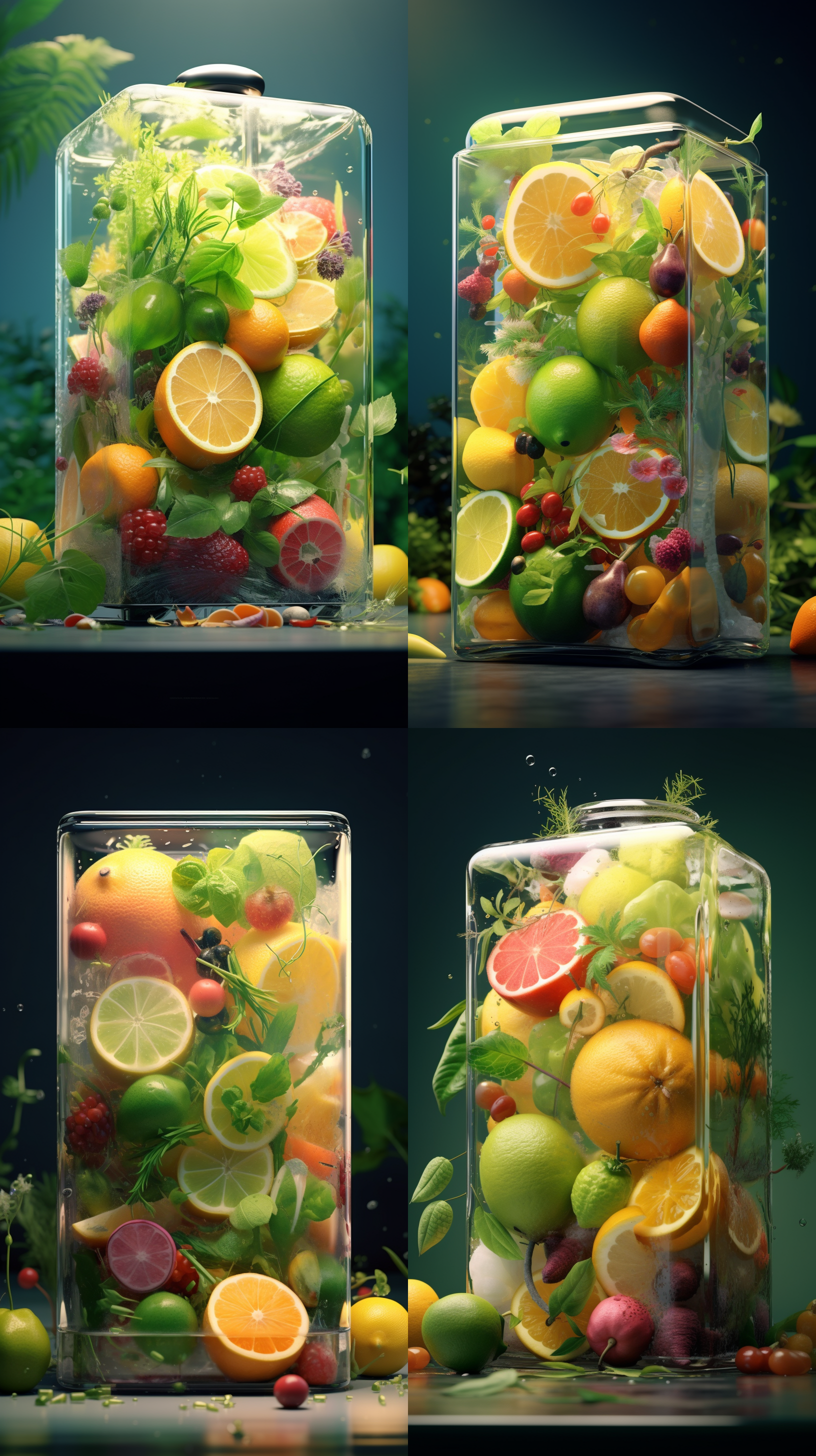 有一个装满水果和蔬菜的玻璃容器，其中有仙子水果。octane渲染，有机8k艺术摄影，3d超现实渲染，受mike winkelmann，greg rutkowski启发。octane渲染，超逼真细致渲染，超逼真3d插图，食品商业4k，超现实数字艺术。