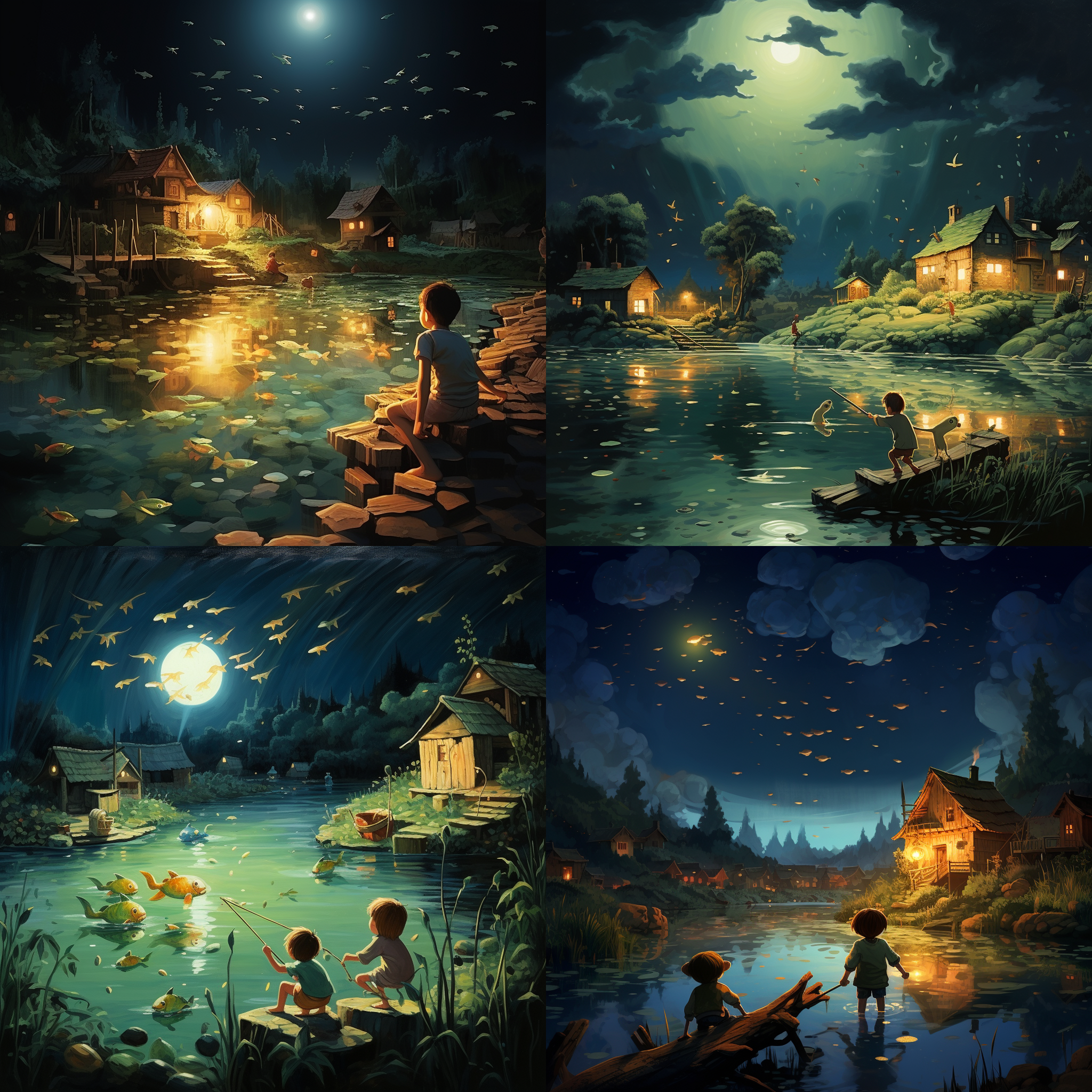 小孩捉鱼，月光洒落，夜晚，村庄，青蛙，对角线布局，清晰细节，暖色调，广角镜头，自然光，静态，童真，宁静。