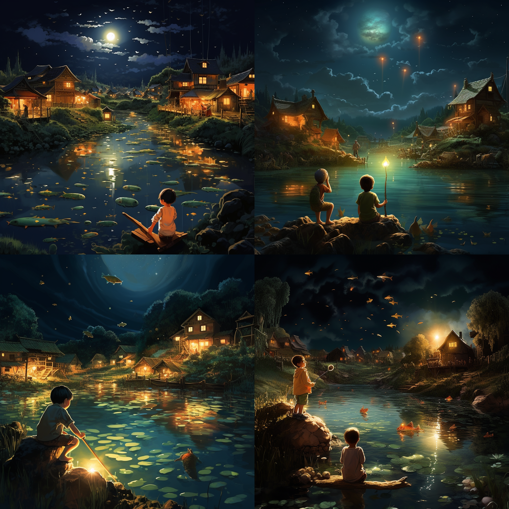 小孩捉鱼，月光洒落，夜晚，村庄，青蛙，对角线布局，清晰细节，暖色调，广角镜头，自然光，静态，童真，宁静。