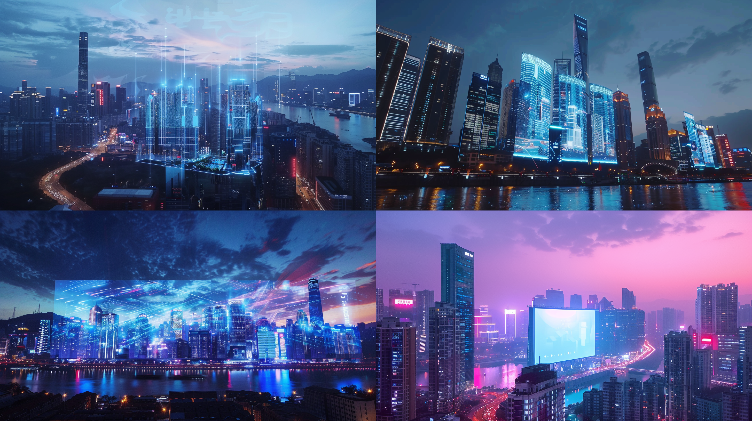 蓝色渐变科技感会议主画面，以重庆市渝中区标志性建筑为背景，主题为：2023年渝中区惠企强企促发展暨优化营商环境大会