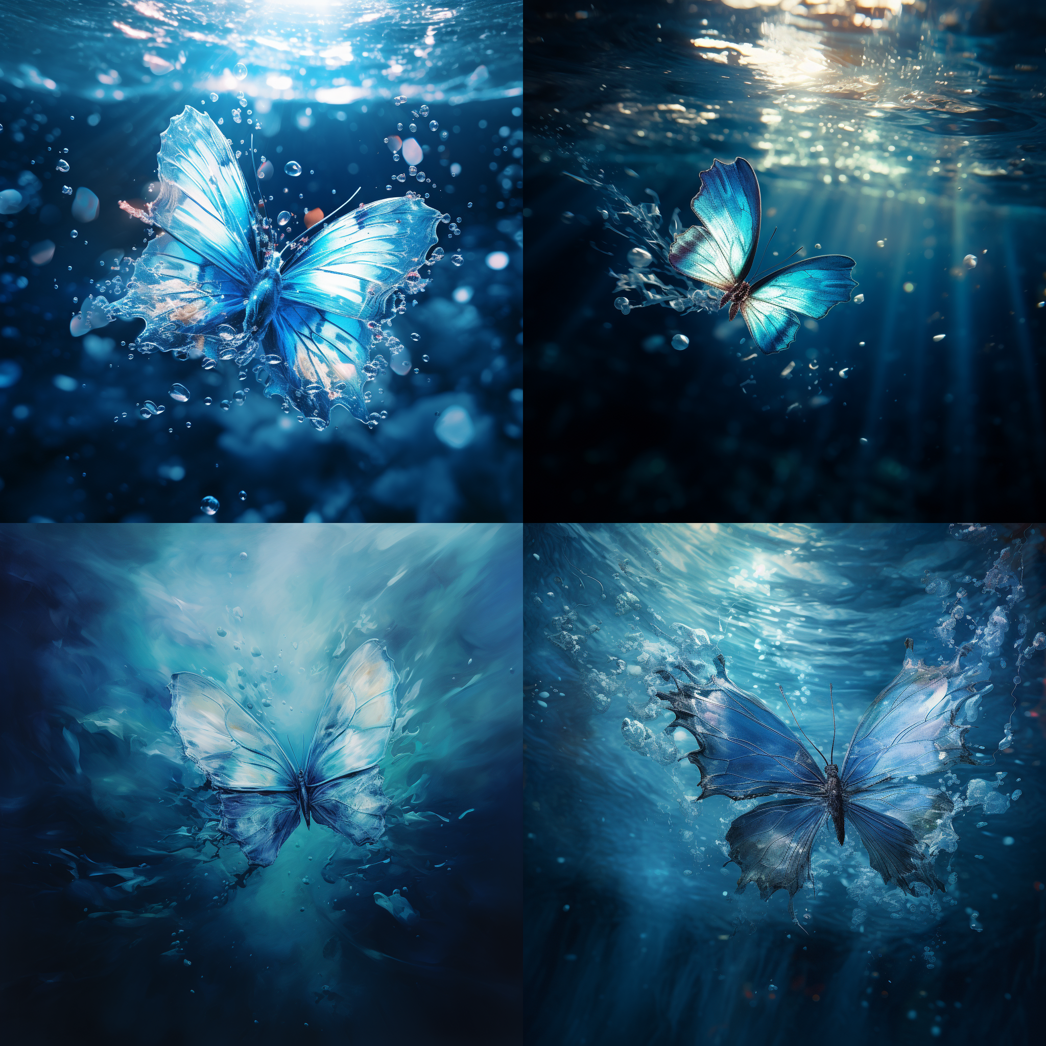 抽象派、蓝色蝴蝶沉入海底深处 深海悬浮，蓝色主调，微距镜头，静态，柔和光线，细节，悬浮感，优雅，神秘。