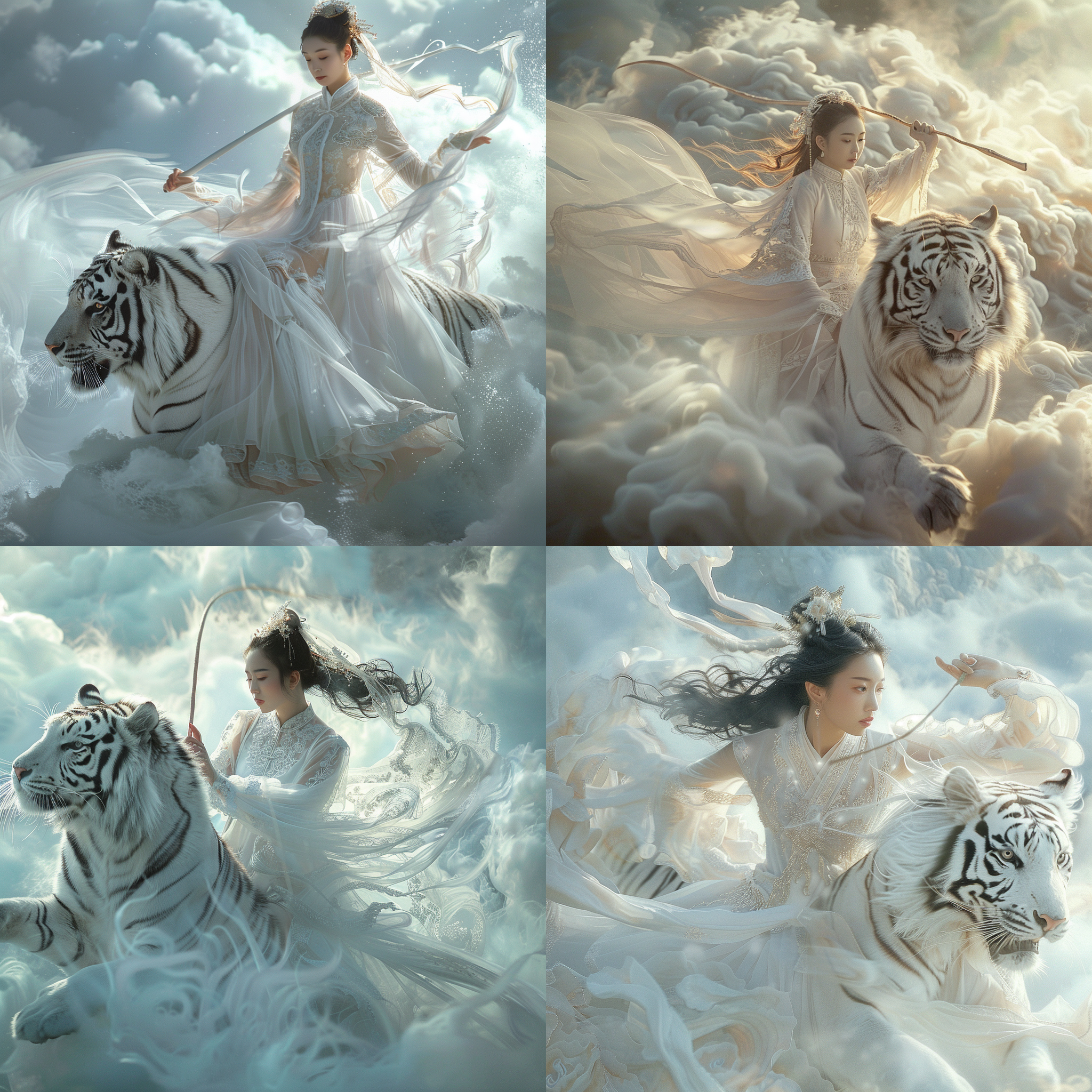 超级美丽中国女孩骑白老虎，手持皮鞭、晨雾中，超现实主义，白色汉服，细节极其丰富，柔和光线，雾气缭绕，神秘色调，优雅动作，迷人氛围。