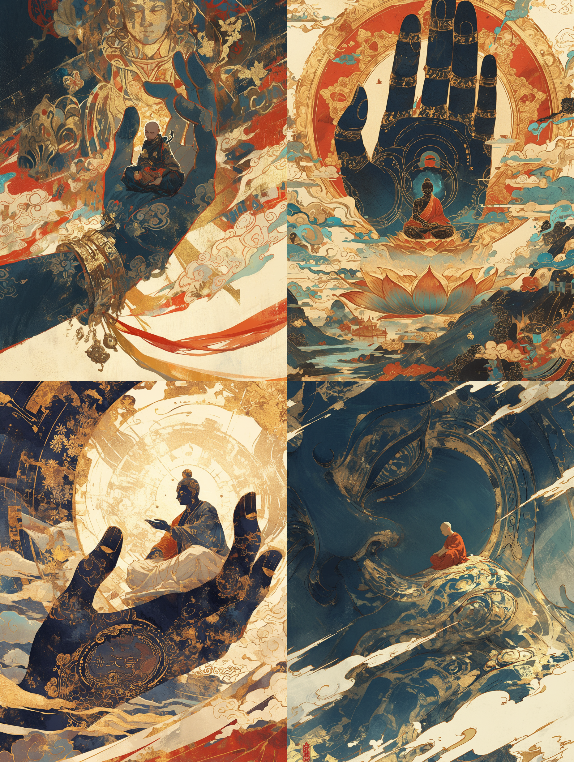 unhuang art style illustration， an extremely tiny monk sitting on the giant hand of guanyin ， nestled in continuous rolling ripples， extremely delicate brushstrokes, soft and smooth ， china red and indigo background covered with auspicious cloud patterns painted on gold foil ，