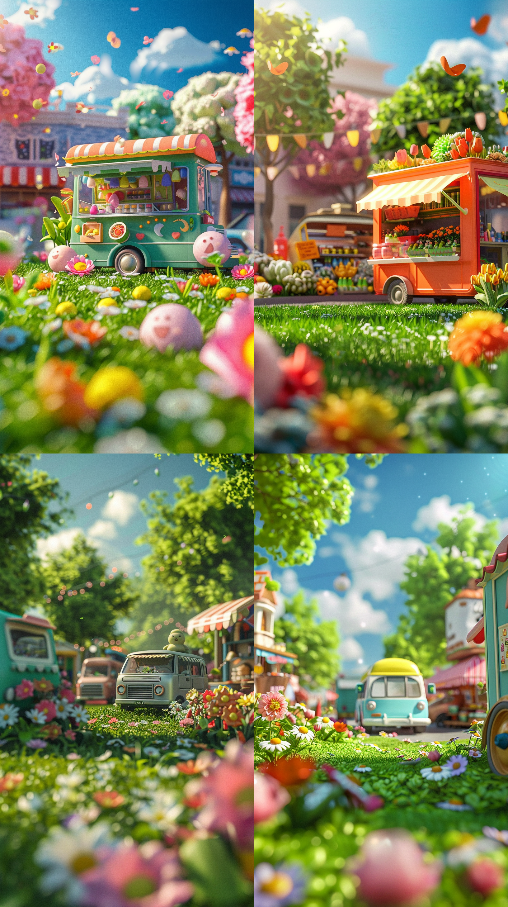advertising on green grass using trailers and vehicles, with products in the car, in the small shop, cute cartoon design, dreamy visual effects, soft sculptures, webcam, bright colors, bold shapes, flowers, capturing moments, delicate luster, 3d, sunny, bright colors, bold color matching, ultra-high quality, blurry front