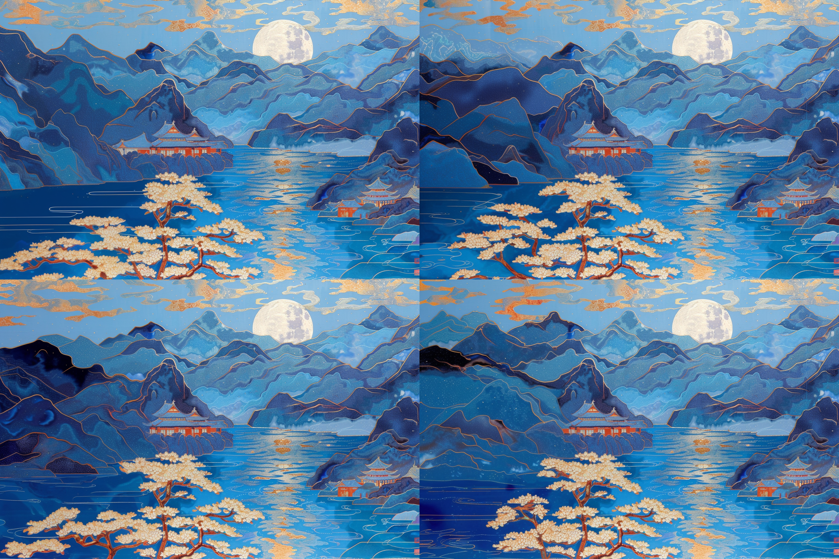 月亮升起在山水之间，倒影清晰，剧烈对比，湖面上，夜晚，长焦镜头，柔和光线，静态，宁静，蓝色调。
