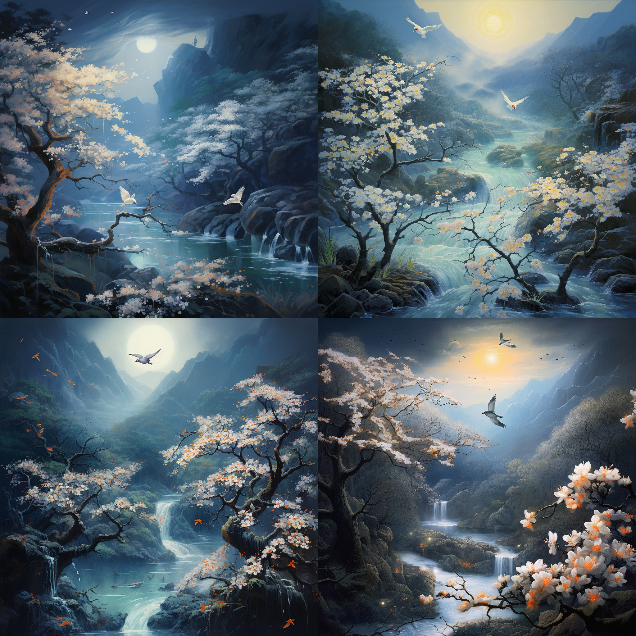 桂花落，夜晚山景，明亮月光，山鸟惊飞，春涧流水，静谧氛围，清晰细节，远景构图，冷色调，长焦镜头，自然光线，静态，宁静。