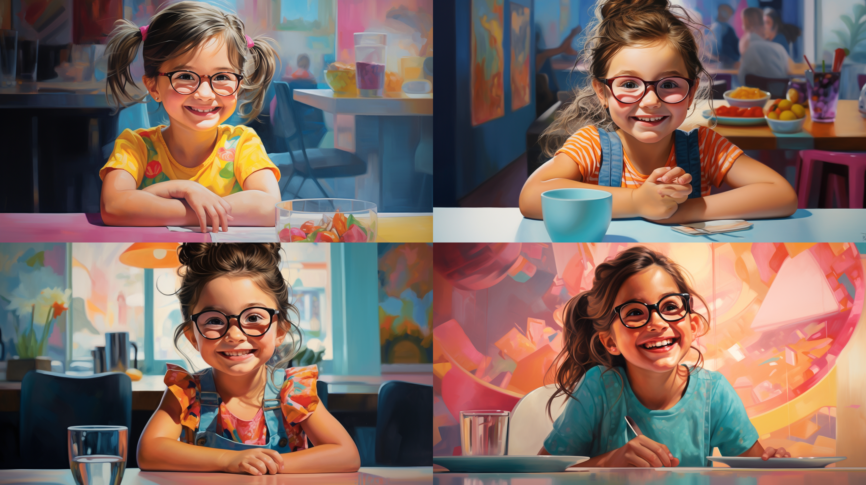 一个青春靓丽的小女孩 粉色的眼镜框 一把抓的马尾辫子 端着碗 坐在餐桌前 面带微笑 明亮的背景