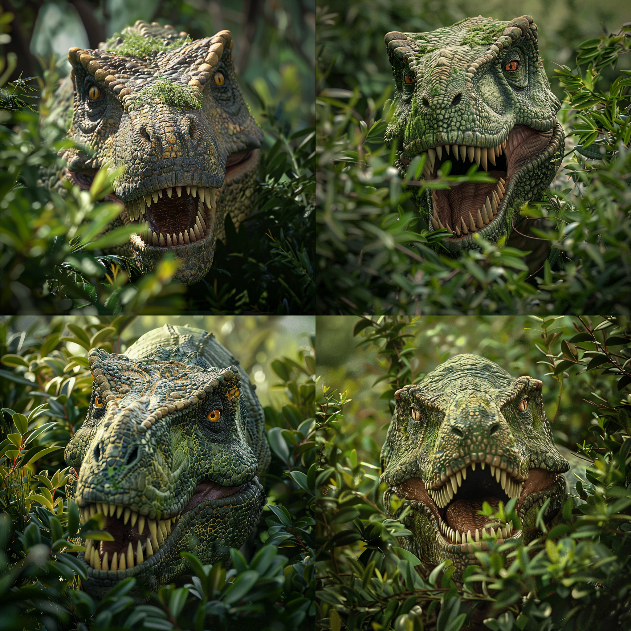 宠物霸王龙，草丛环绕，头部探出，开心表情，特写，自然光，低角度，毛发细节，绿色调，喜悦