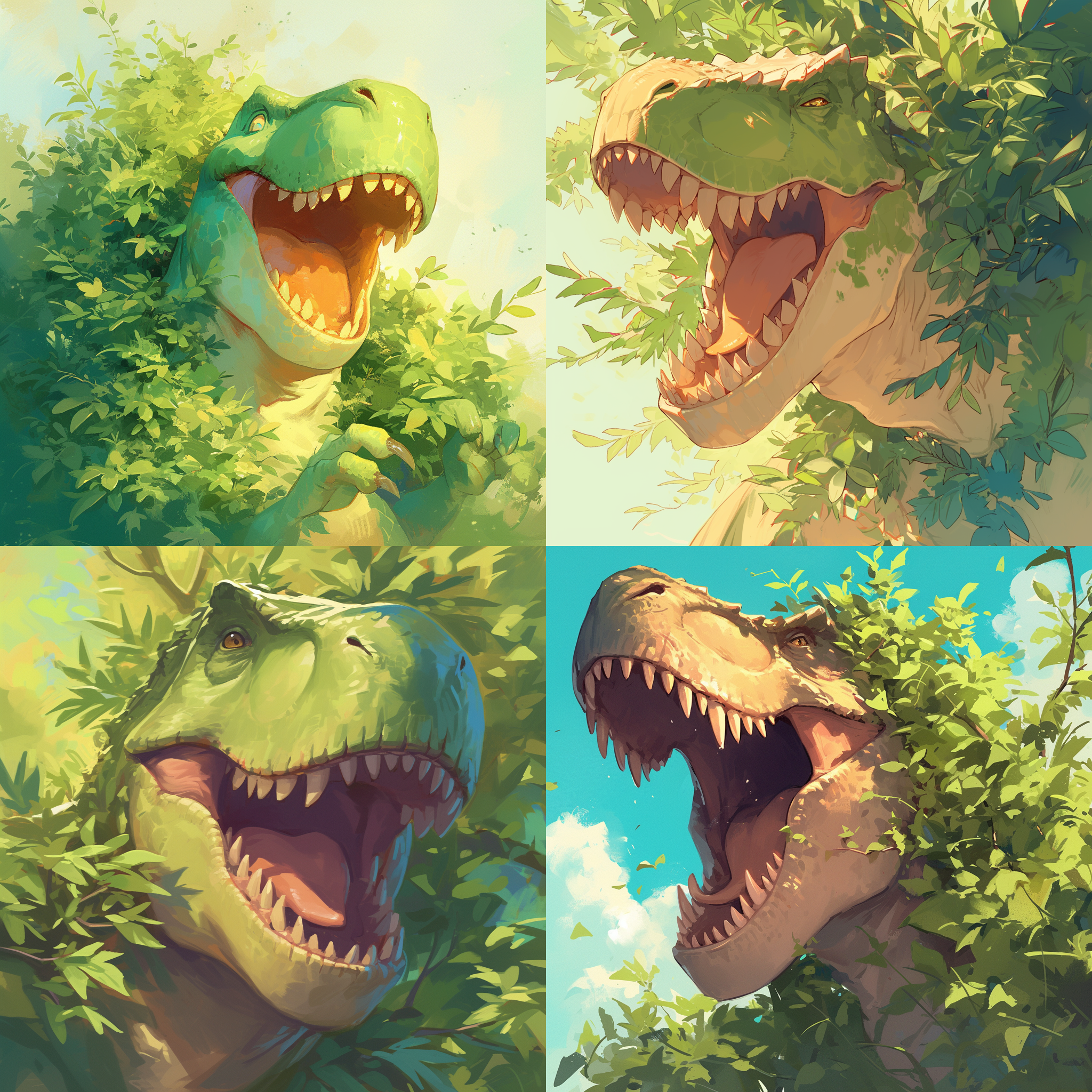 宠物霸王龙，草丛环绕，头部探出，开心表情，特写，自然光，低角度，毛发细节，绿色调，喜悦