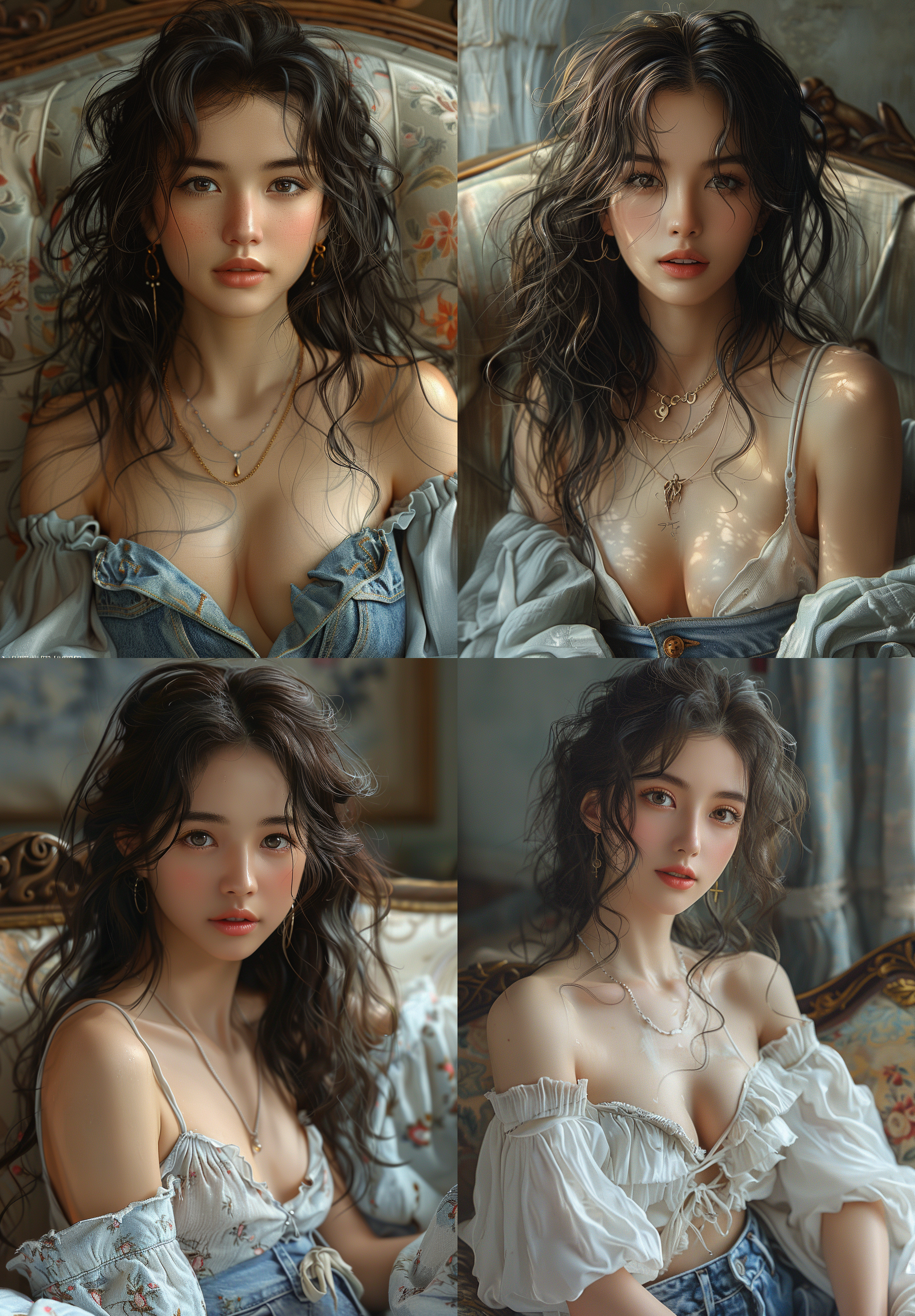 a beautiful chinese woman like liu yifei, withlong black curly hair in short clothes and short jeans, sitting on a couch, in the style of cartoon realism, i can't believe how beautiful this is, cute and dreamy, disney animation, realistic hyper-detail, warmcore
