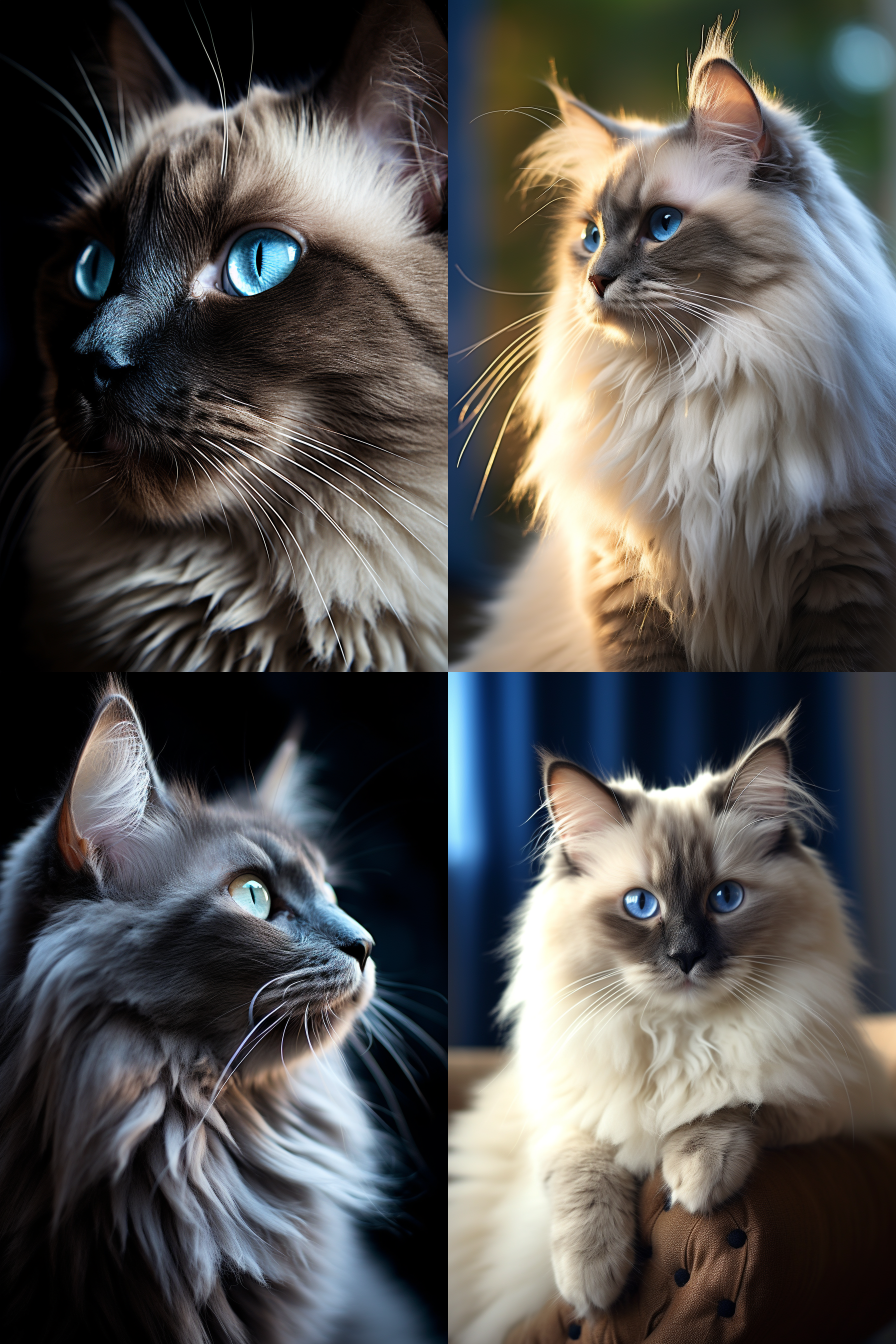 猫在家里，灰色毛发，蓝色眼睛，逆光拍摄，大光圈，中焦距镜头，自然光线，安静，冷色调，注视镜头，优雅,portrait, backlight, large aperture, medium focal length lens, natural light, calm, cool tones, eye contact, elegant.