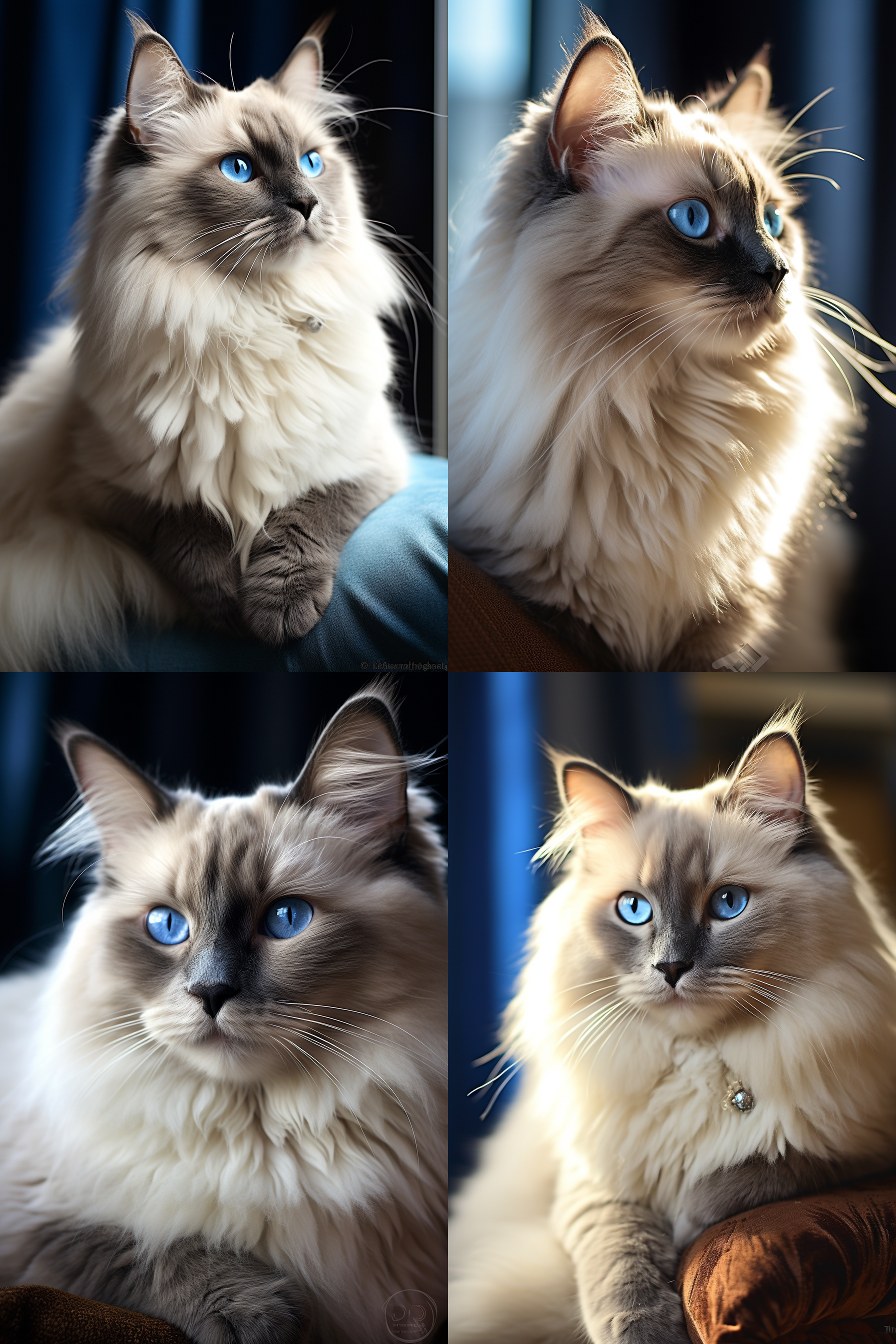 猫在家里，灰色毛发，蓝色眼睛，逆光拍摄，大光圈，中焦距镜头，自然光线，安静，冷色调，注视镜头，优雅,portrait, backlight, large aperture, medium focal length lens, natural light, calm, cool tones, eye contact, elegant.