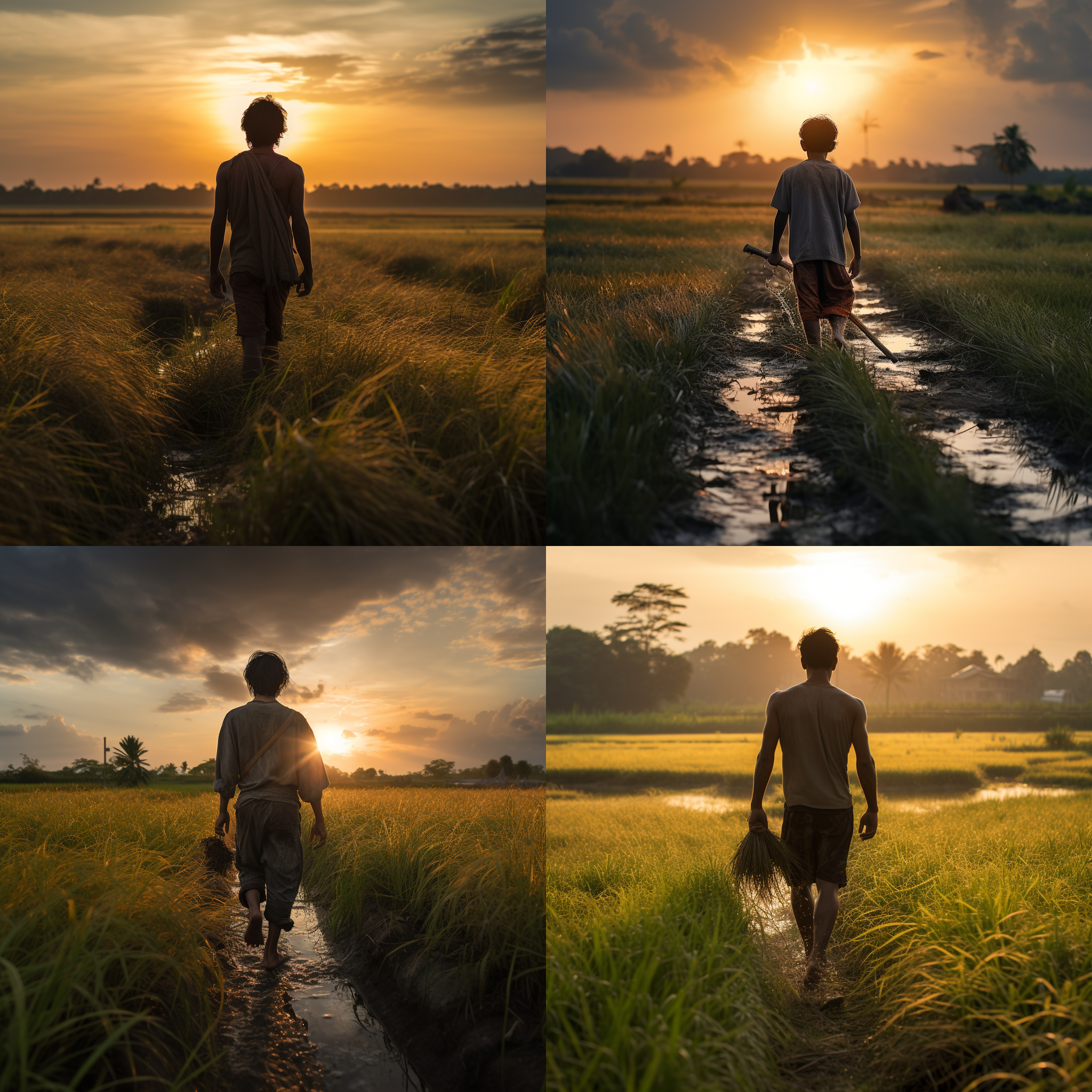 少年割草，背影，蓬松头发，田埂，夕阳，稻田，暖光，自然光，中焦距镜头，农村风景，温馨，宁静。