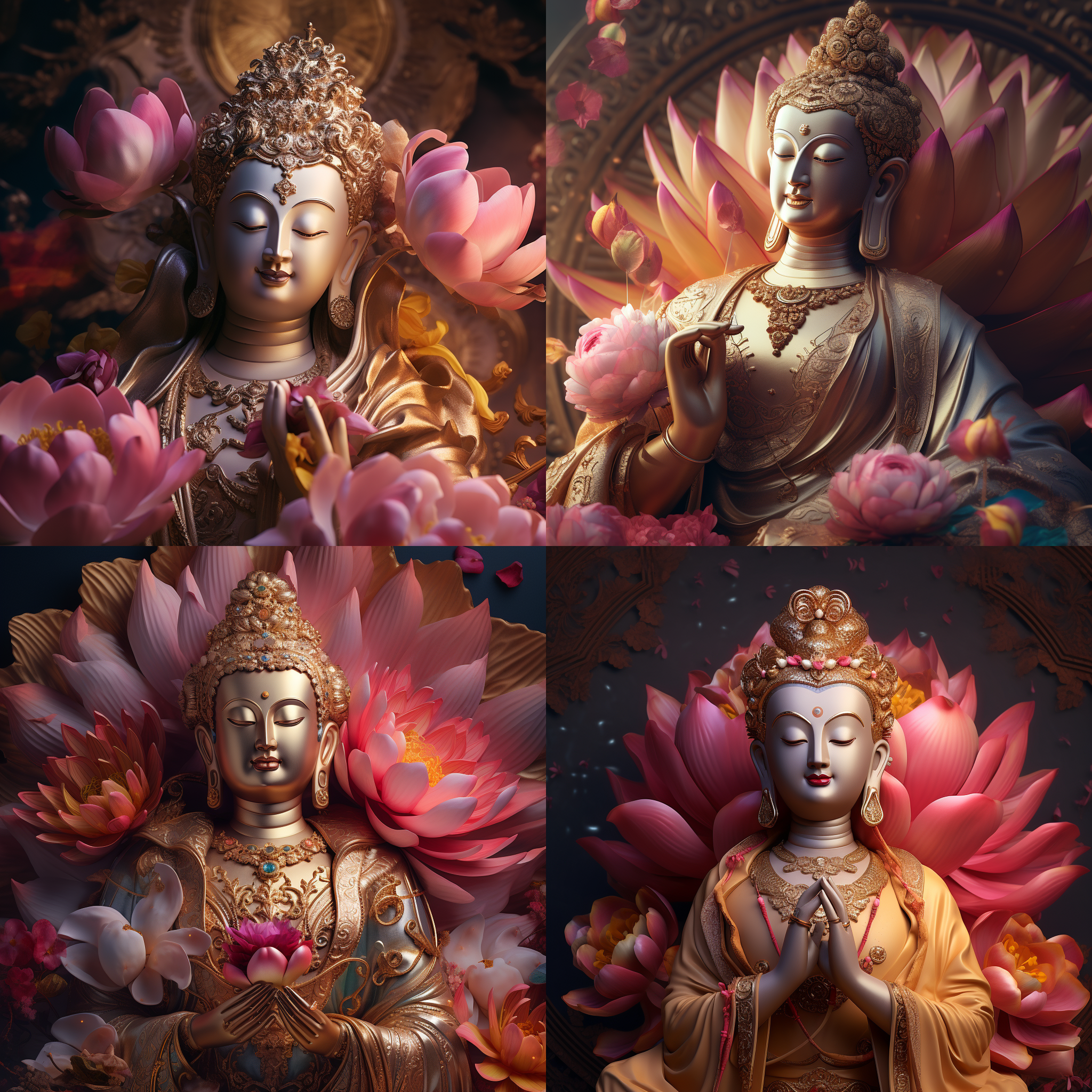佛母，黄色皮肤，莲花月轮，唐卡风格，面部特写，庄严，美丽，颜色鲜艳，线条清晰，五指兰花指，8k，blender，ue5