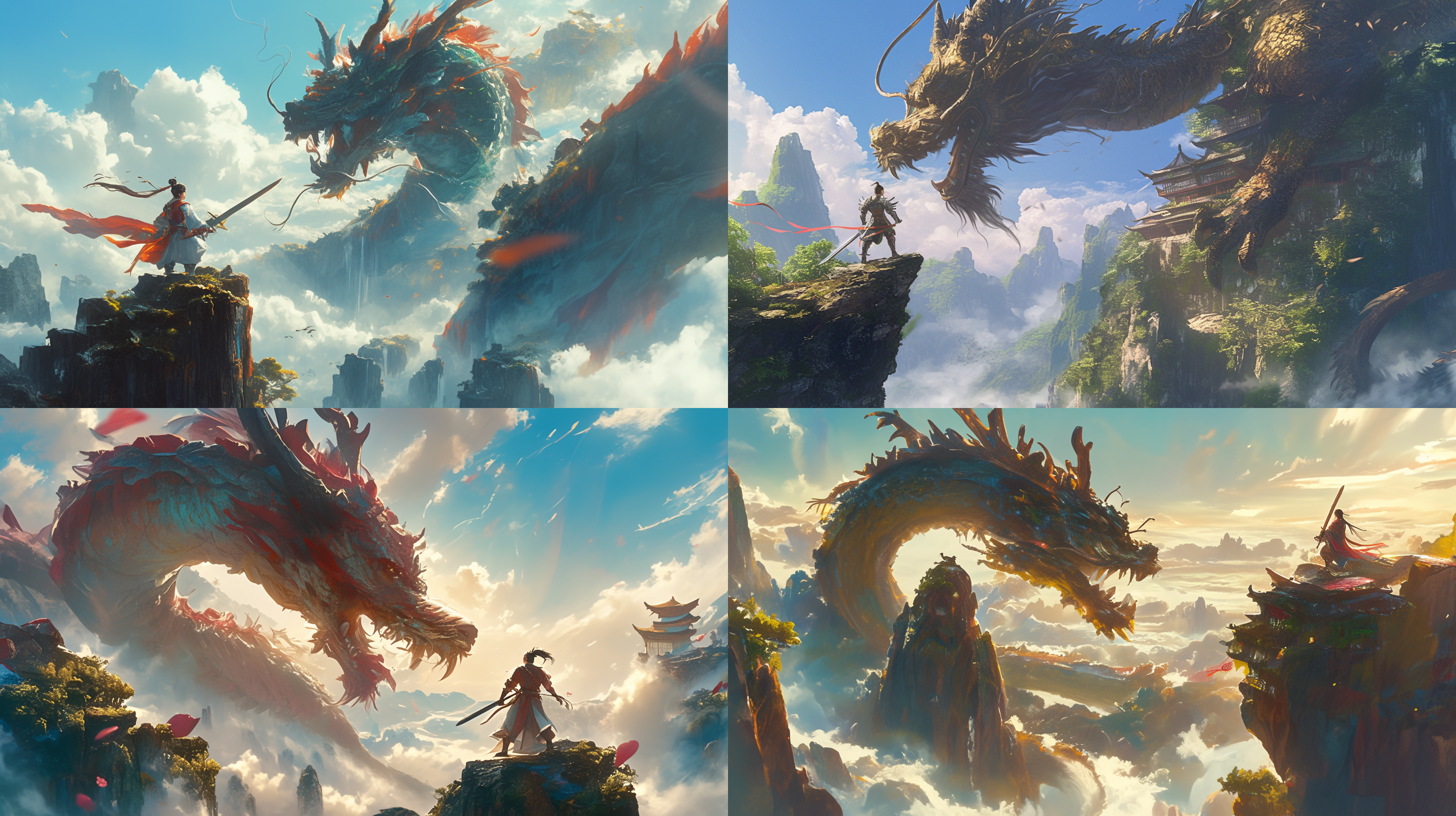 侠客对峙中国巨龙，悬崖边，史诗风格，巨剑，铠甲，沉稳表情，巨龙张牙舞爪，壮丽景色，明亮色调，长焦镜头，逆光，决战，壮烈，紧张。