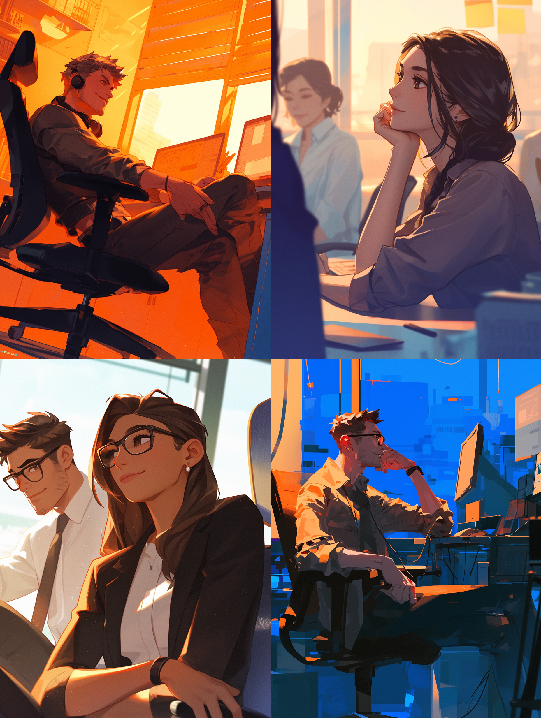 职场青年，憧憬未来，办公室，特写镜头 正襟危坐，专注神情，现代化装饰，明亮色调，标准镜头，柔和侧光，微笑，自信。