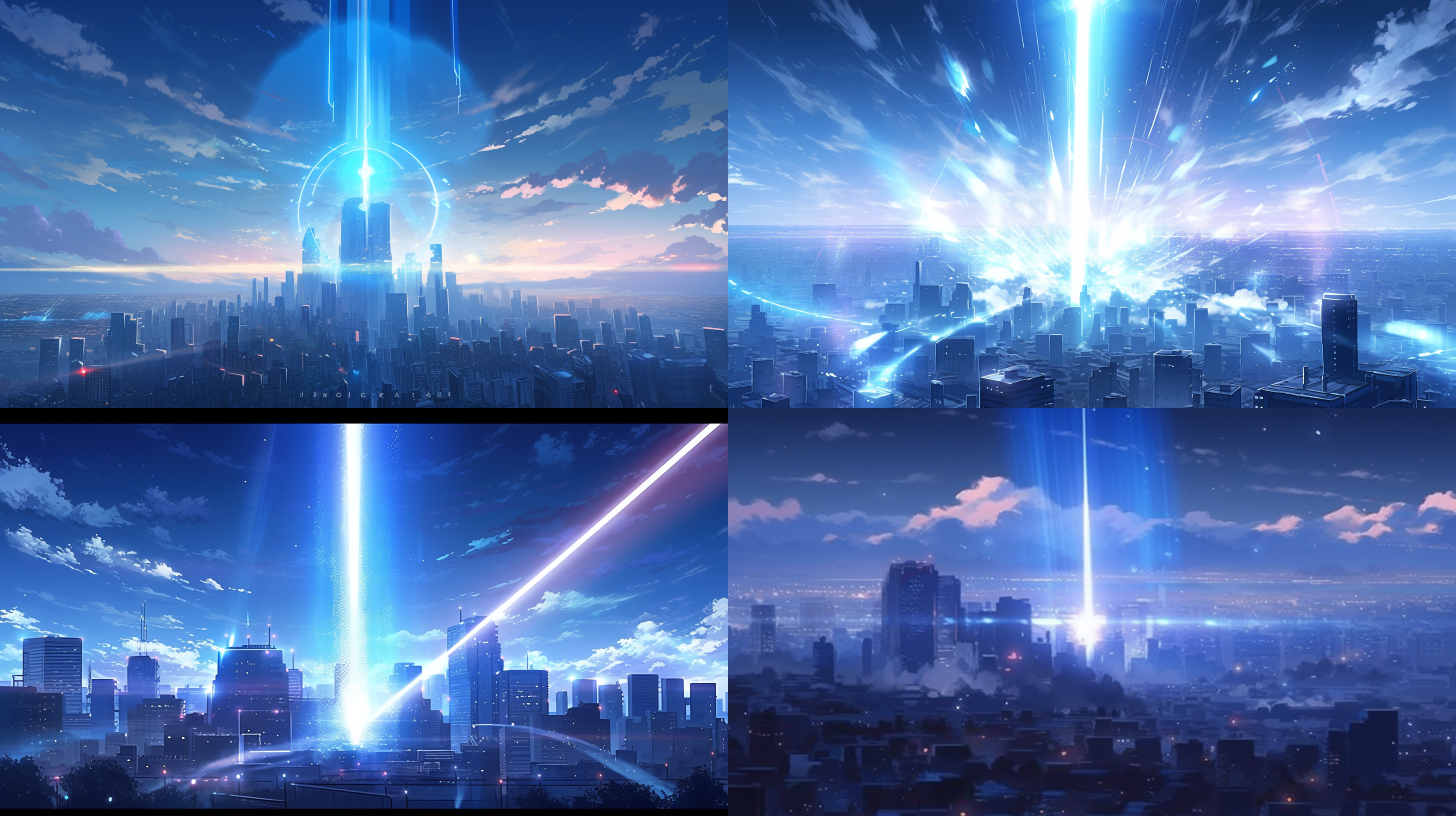 科学超电磁炮射出能量光束，炫目光芒，城市天际线背景，蓝色调，远景视角，逆光拍摄，动作凝固，震撼，未来科技。