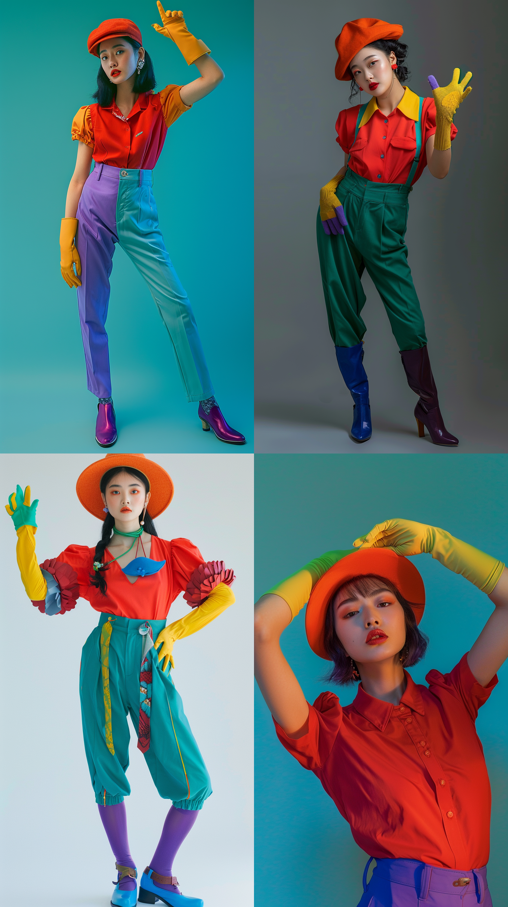 中国美女，穿红色短袖，橙色帽子，右手黄色手套，左手绿色手套，青色长裤，蓝色皮鞋，紫色丝袜。全身照，远景， 4k，摄影棚。