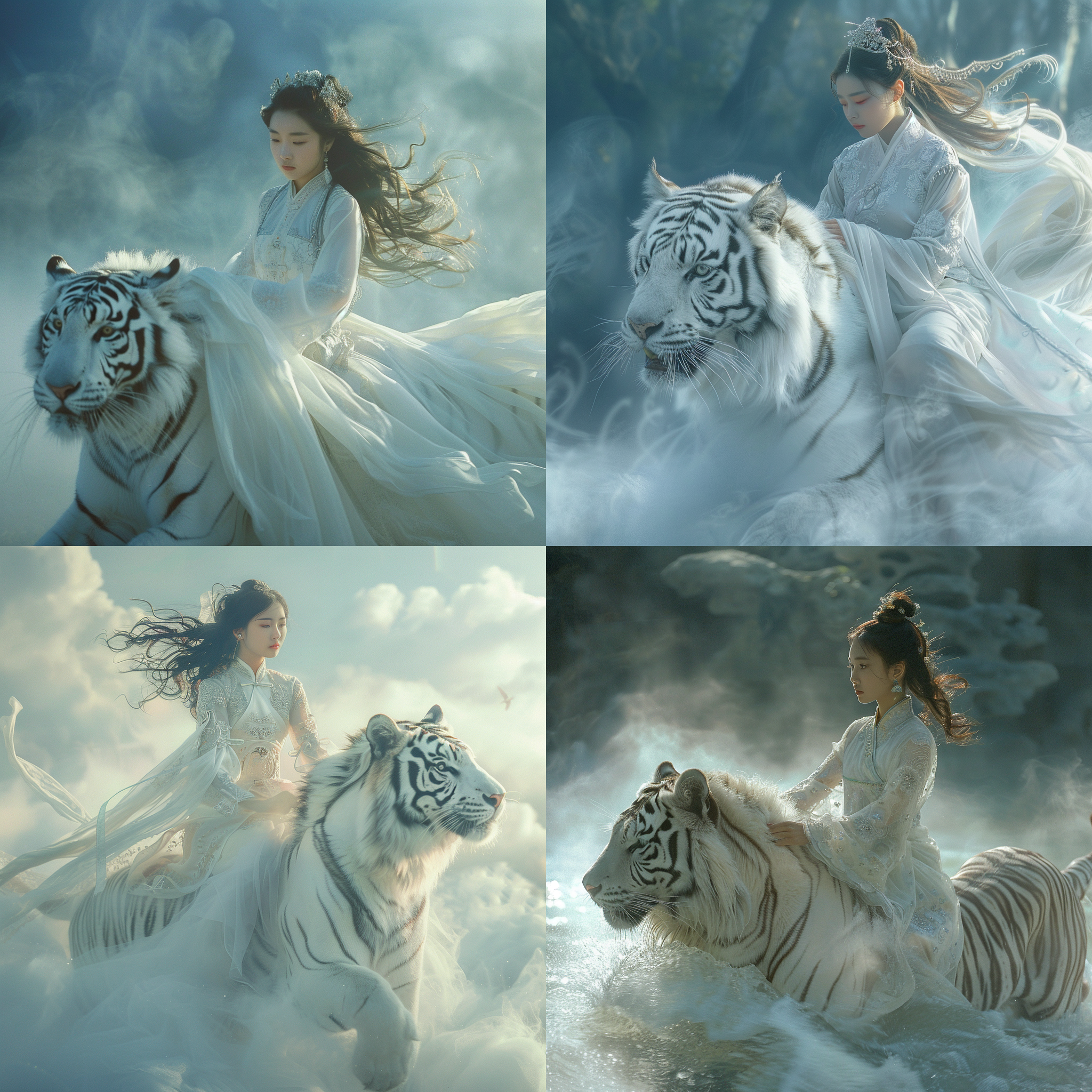 中国女孩骑白老虎，晨雾中，超现实主义，白色汉服，细节丰富，柔和光线，雾气缭绕，神秘色调，优雅动作，迷人氛围。