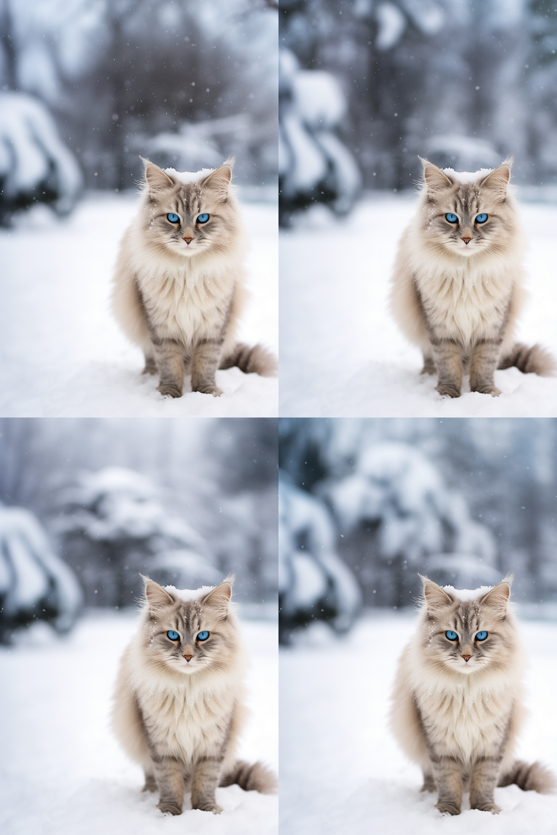 一只猫在雪地里，灰色毛发，蓝色眼睛，逆光拍摄，大光圈，中焦距镜头，自然光线，安静，冷色调，注视镜头，优雅。