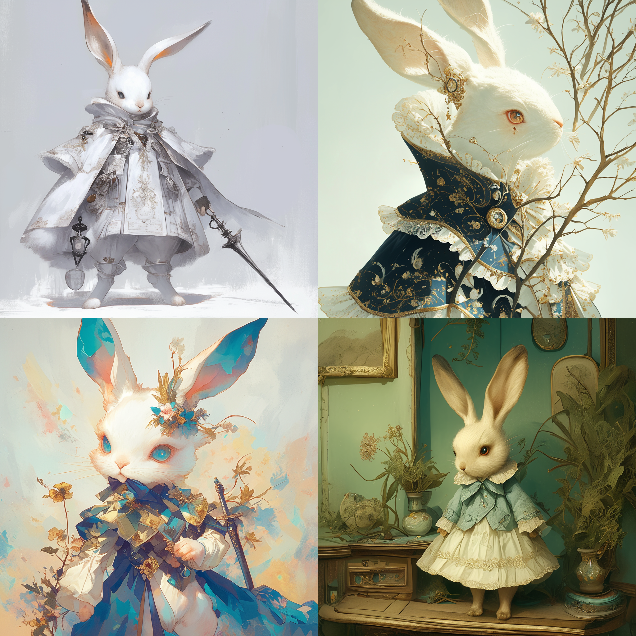 名为爱德华的小兔子，全身由瓷制成，带金属线连接的可弯曲手臂和腿，真兔毛耳朵尾巴，丝绸服饰，华丽插画风格，彩色，柔和光线，静态。