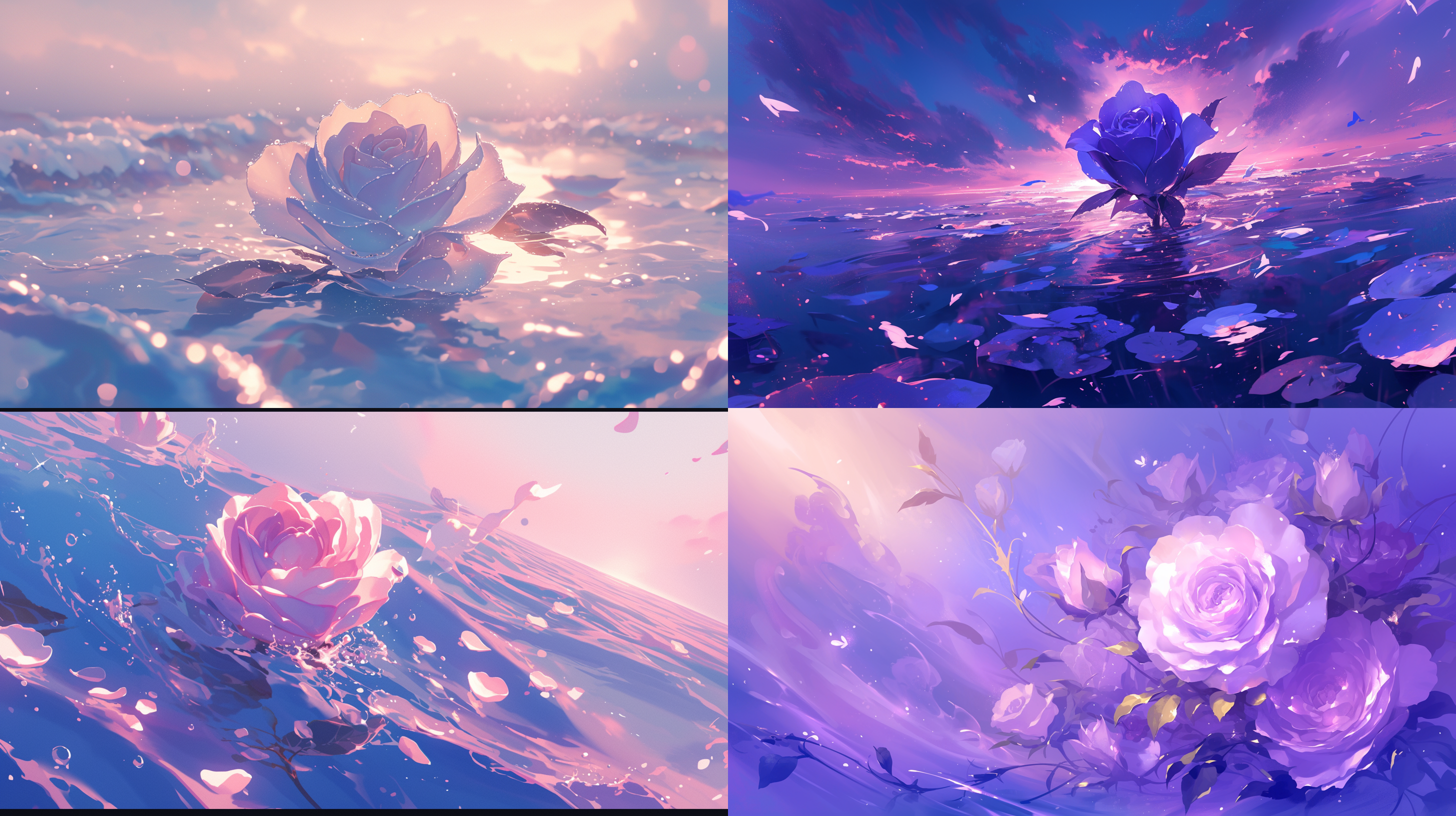 盛开的浅紫色玫瑰海洋，广角透视，海浪拍打，柔和光线，细腻花瓣，静谧氛围，深邃紫色，自然美，优雅。