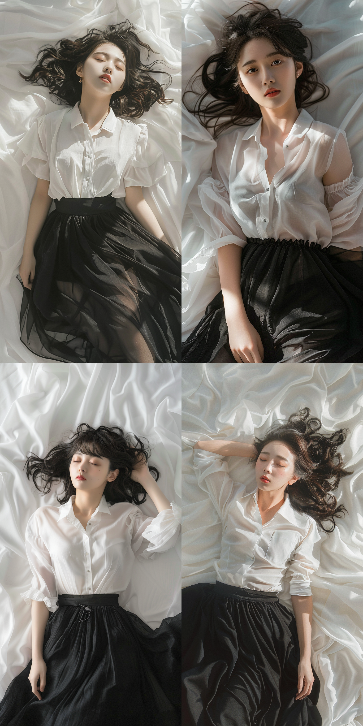 白色衬衣黑色身裙，白色背景，年轻华裔少女（轻熟女），躺着，柔和光线，纱质材质，侧面角度，温暖色调，柔和表情，优雅，全身，迷离眼神，正脸，波浪，卷发，全身视角，能看到腿和脚部，整个全身视角