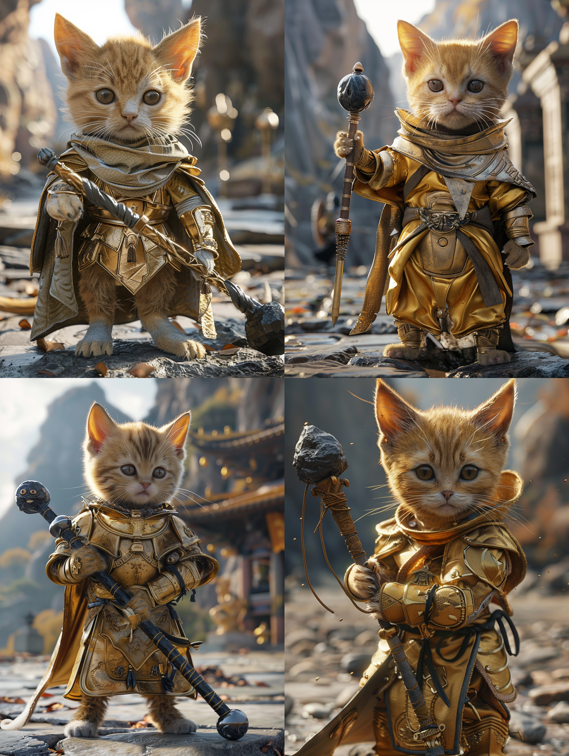 一只可爱的小猫咪穿着金色的铠甲站在古代战场前面，坚定的眼神，背景是古代战场，远景，全身显像，手持黑金石棒，c4d建模，光线跟踪，丰富细节，动作丰富，超清，32k，玄幻风格，战斗场景，动态姿势，高光。 黑金 ，武侠，清晰的背景