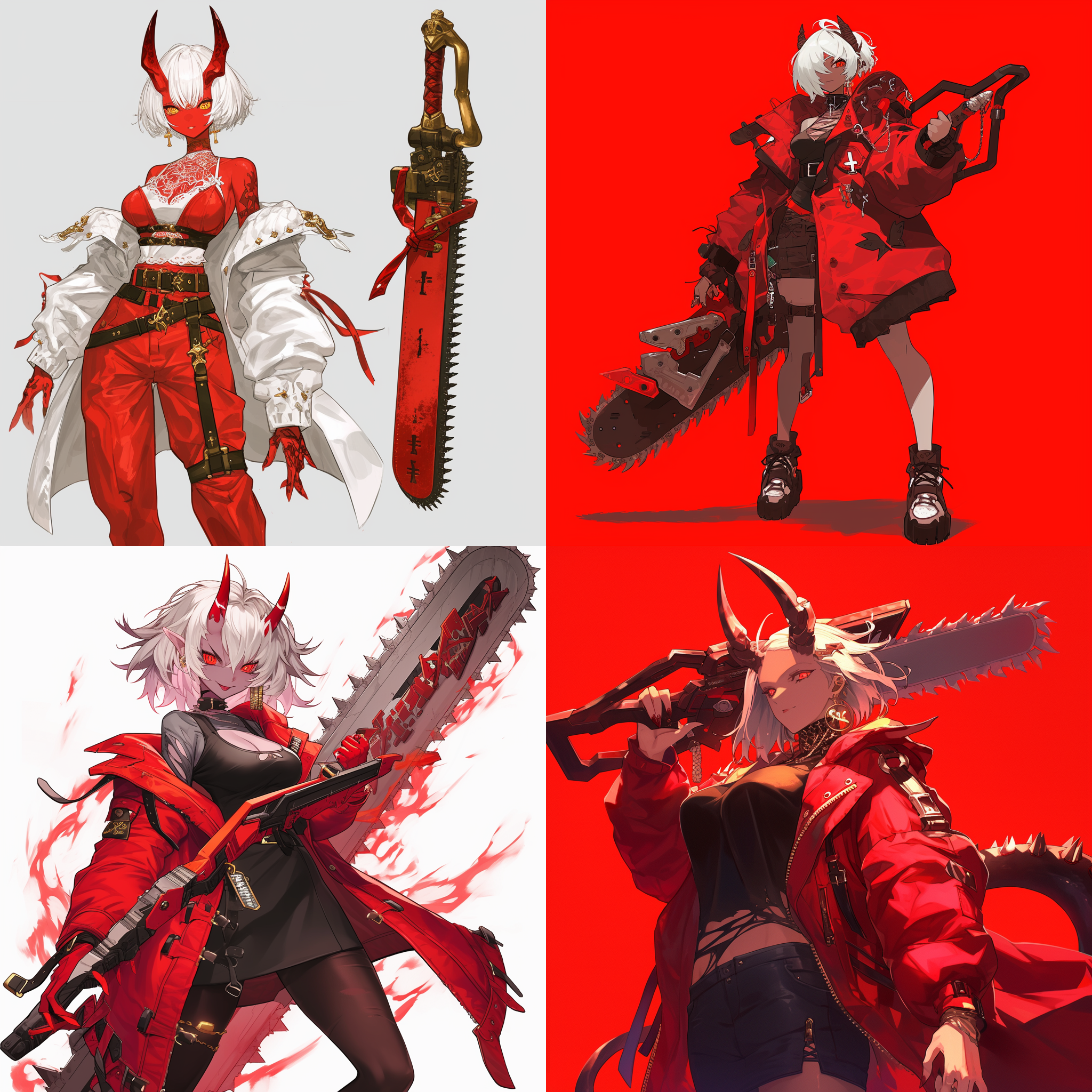 恶魔女孩 动漫 红皮肤 四个触角 巨大电锯 白短发 带金色耳环 冲锋衣外套 系带装饰