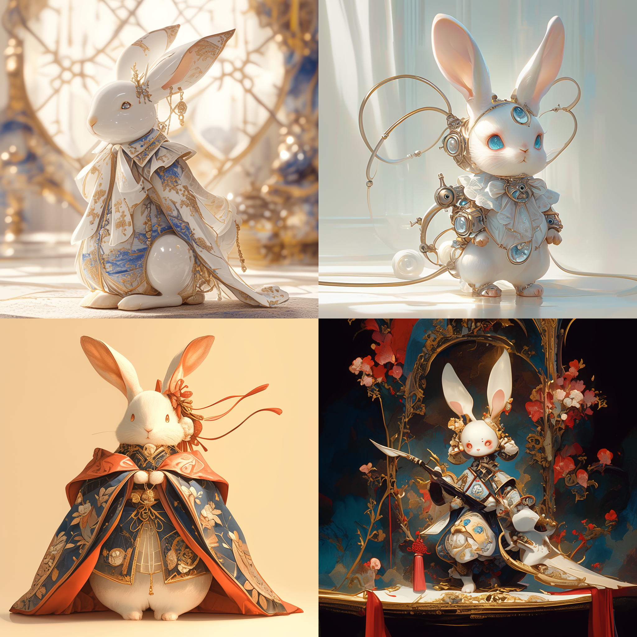 名为爱德华的小兔子，全身由瓷制成，带金属线连接的可弯曲手臂和腿，真兔毛耳朵尾巴，丝绸服饰，华丽插画风格，彩色，柔和光线，静态。