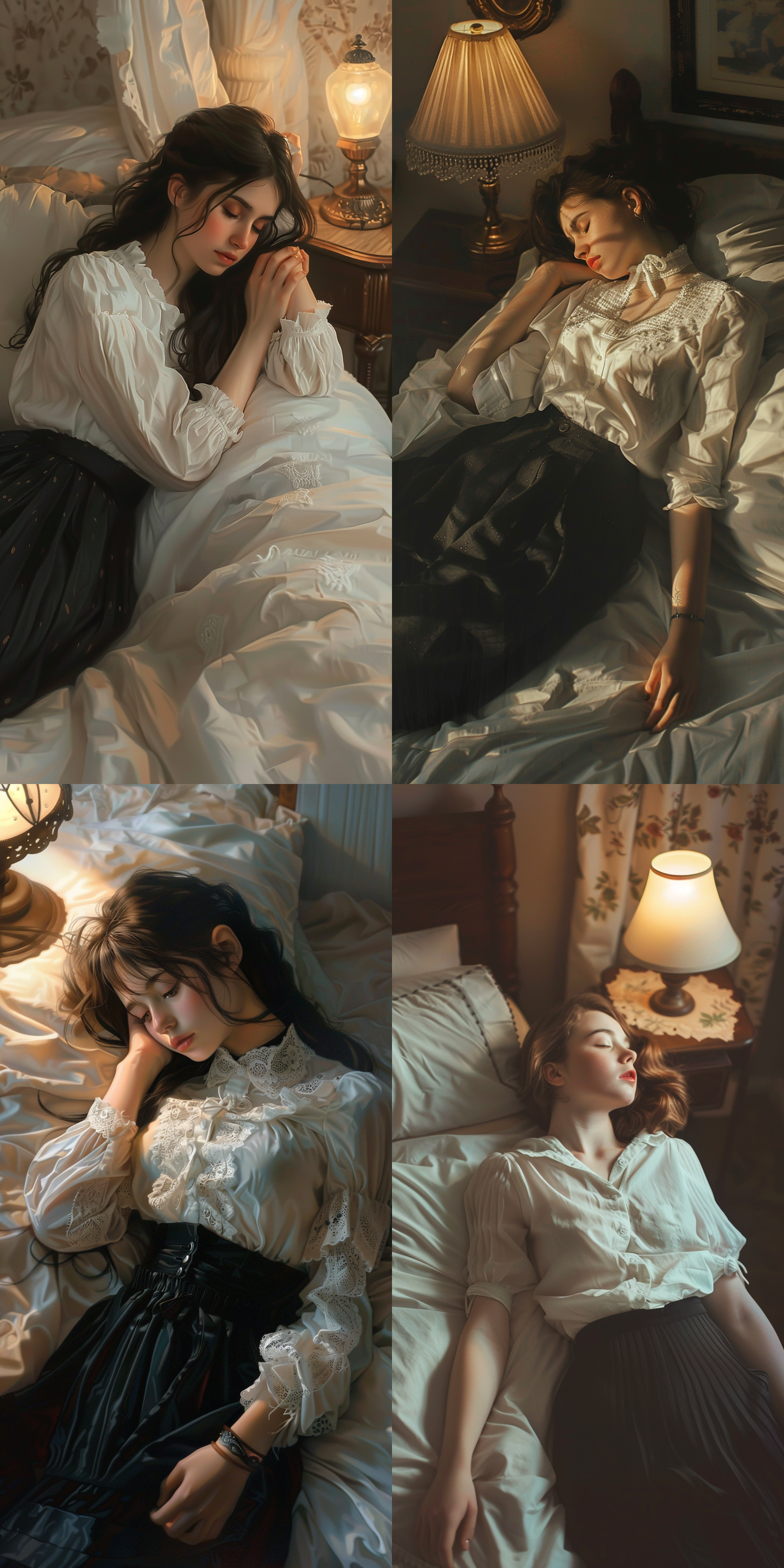 年轻少女躺在床上，白衬衣黑裙，优雅姿态，朦胧光影，柔和色调，床头灯侧光，静态，柔和表情。