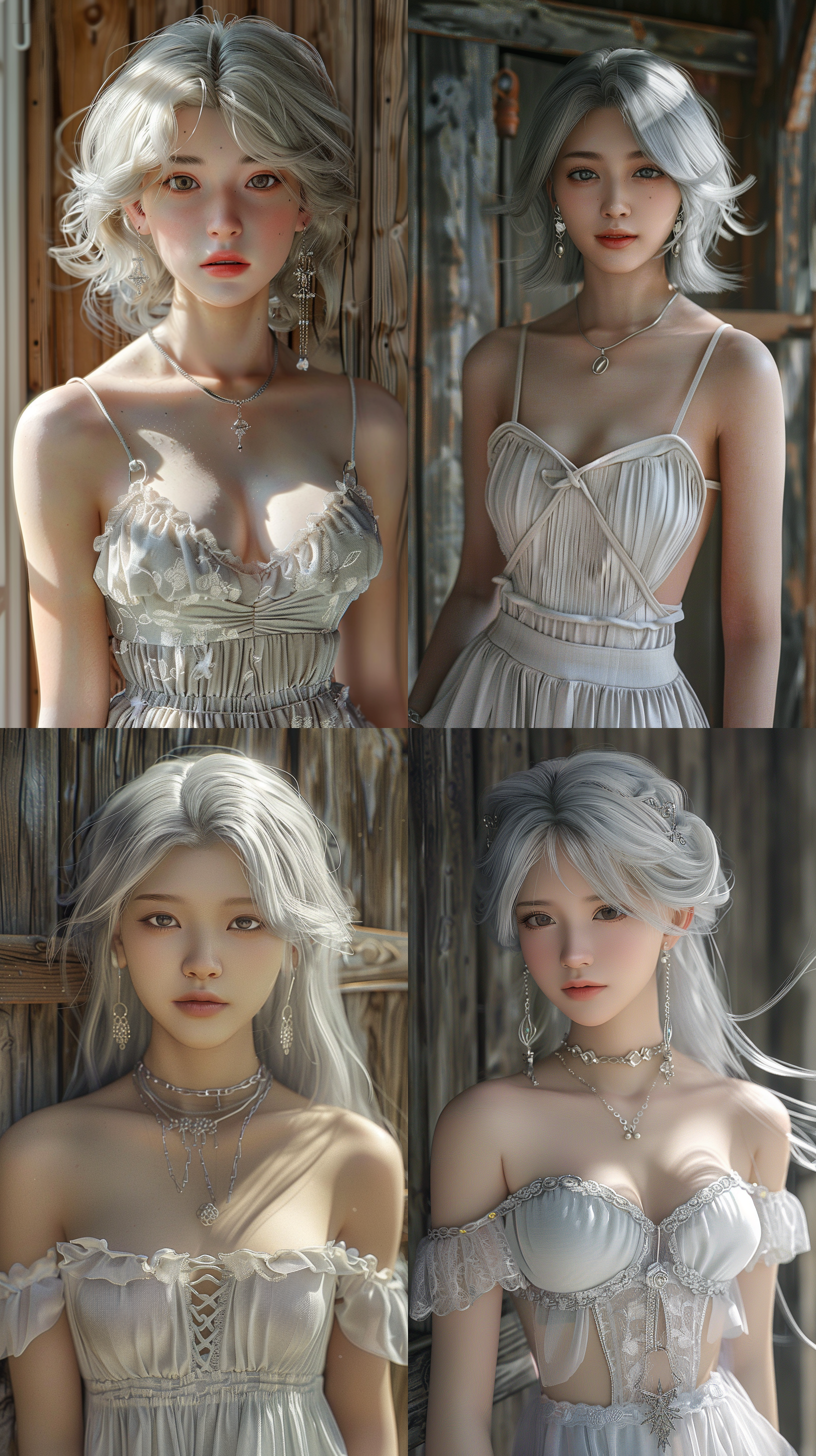 silver haired asian girl, light colored dress, silver earrings, silver necklace, real photos, clear details, wooden background, complete labels, happy sunshine, fashion, clothing - rainbow 6- appearance 1:2- stylized 710,,in clothes