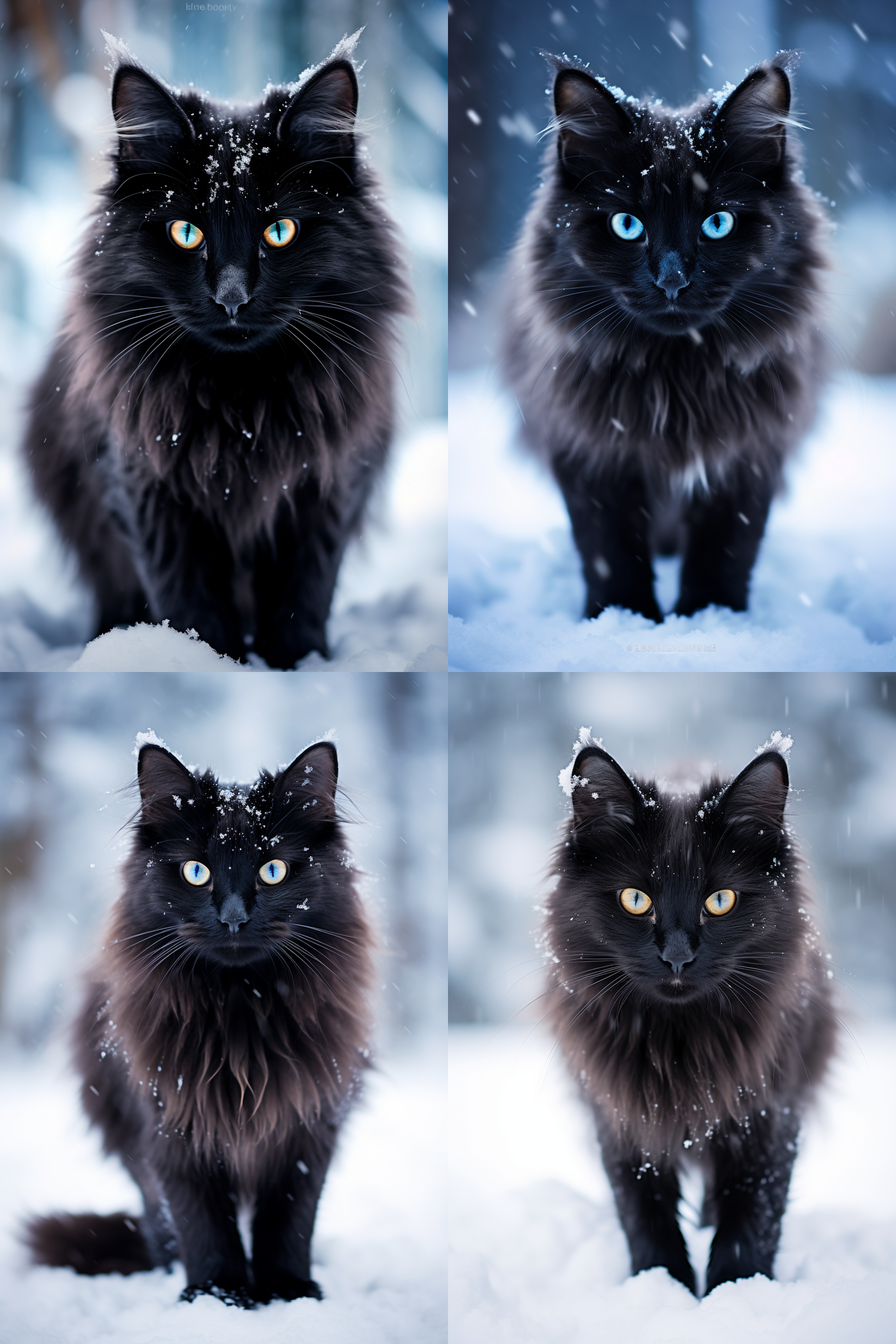 一只黑色毛发的猫在雪地里，蓝眼睛闪亮，环顾四周。中央构图，冷色调，大光圈，细节丰富，特写镜头，柔和侧光，静态，神秘。