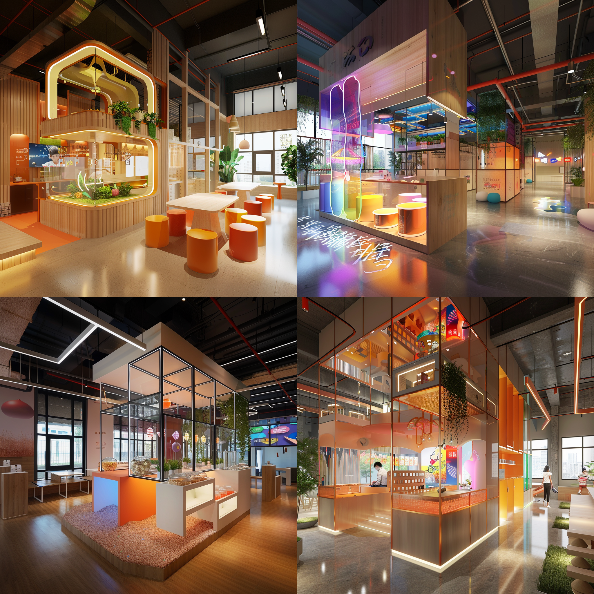 大学生创业实践中心，校园零食盒子，多元化共享空间，创新设计，突出个性，室内环境，600cm微景观，浮岛，层高六米，方形盒子，宽广镜头，明亮照明，活力色彩，创意灵感，激发创业激情。