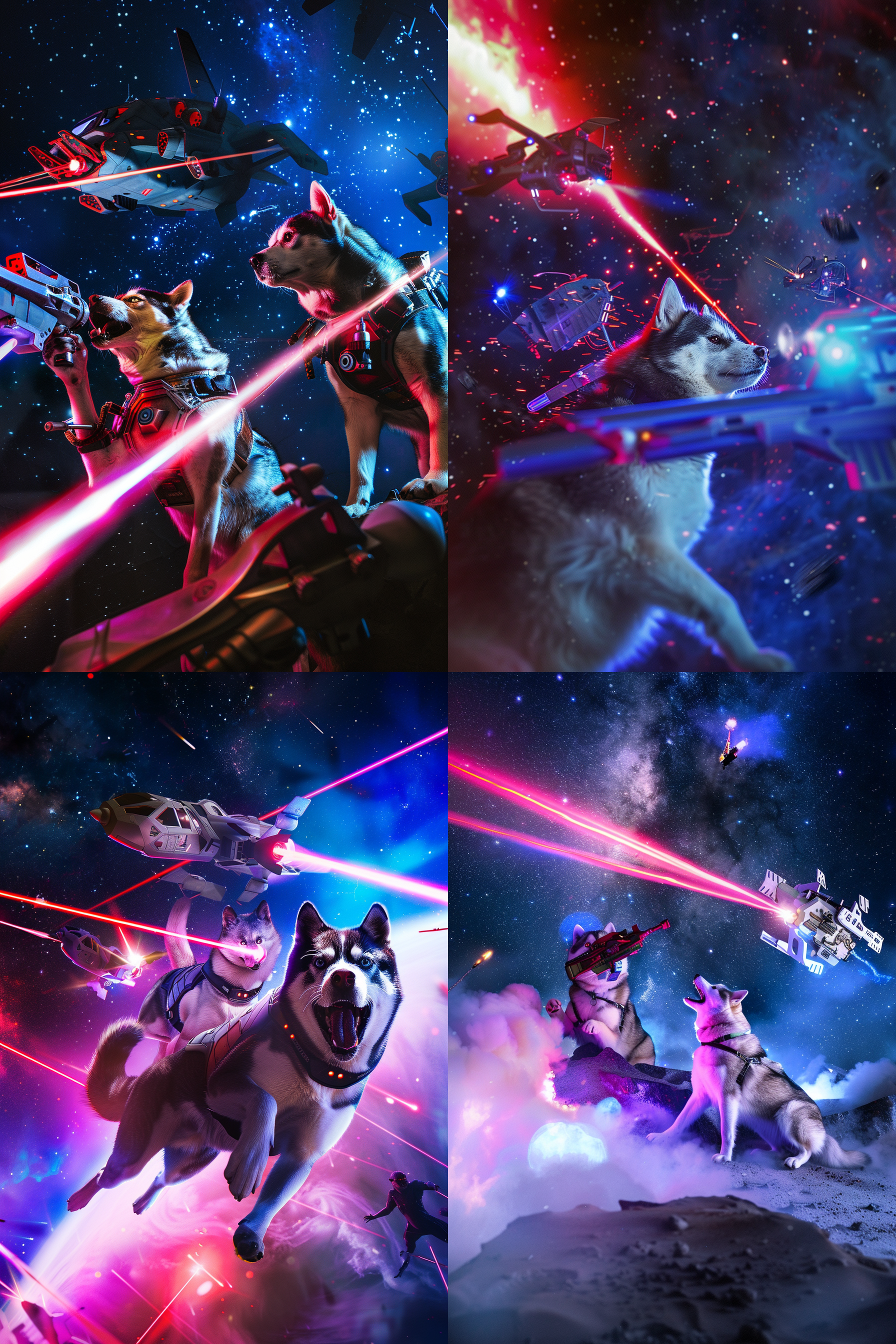 哈士奇和喵咪激战外星飞碟, 星空背景, 太空服, 高对比度, 激光枪, 外星飞碟碎片, 紧张, 明亮色调, 广角镜头, 动作捕捉, 夜间拍摄, 强光。